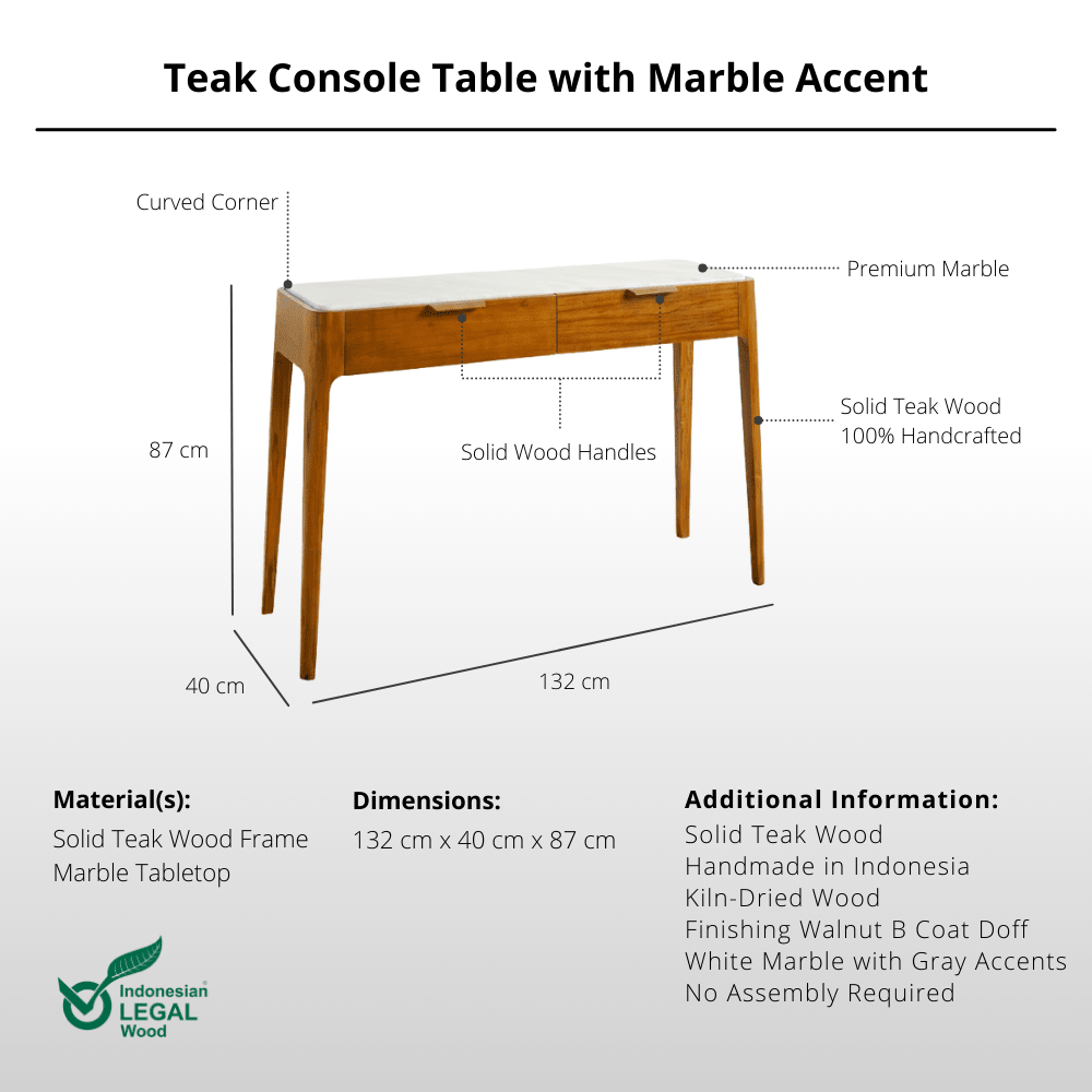Teak Console Table with Marble Accent - Console Table - Lagom Home Boutique
