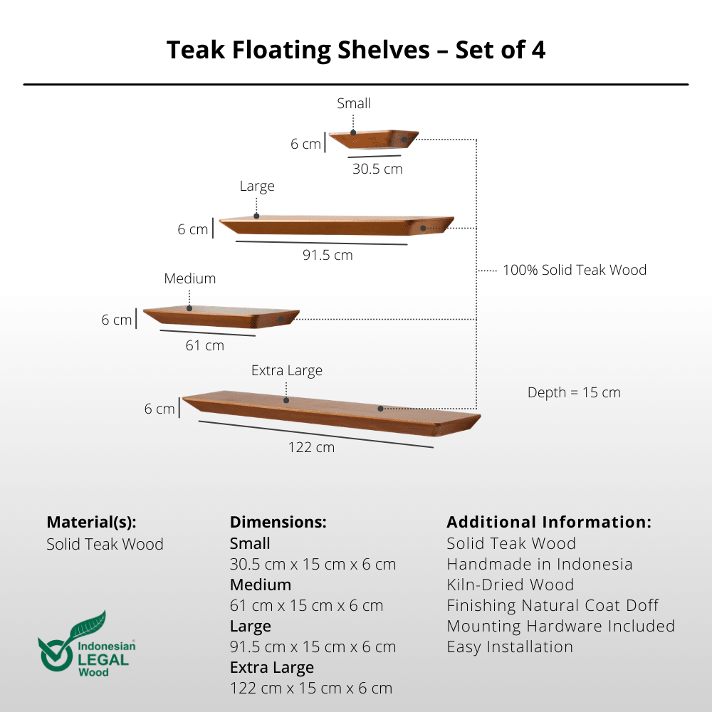 Teak Floating Shelves – Set of 4 - Wall Shelf - Lagom Home Boutique