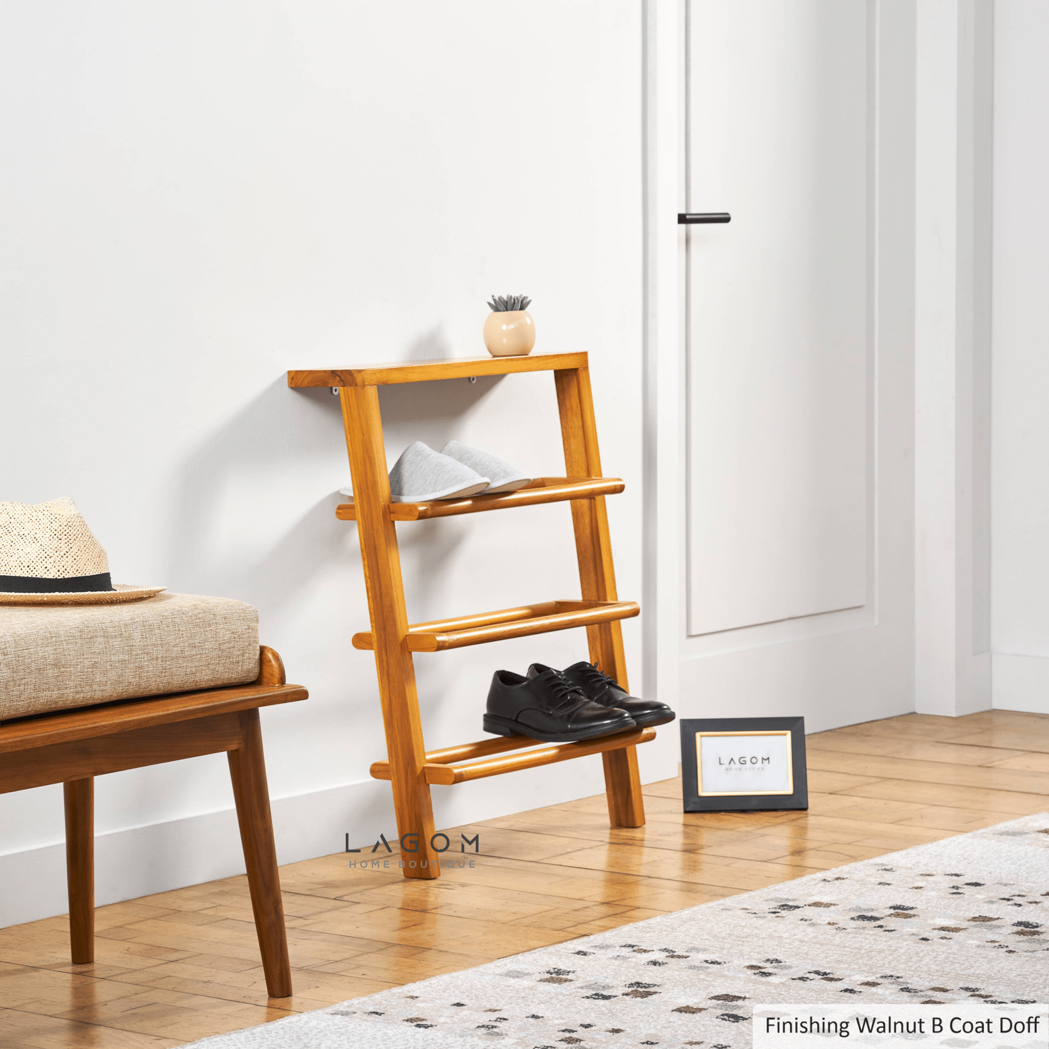 Teak Leaning Shoe Rack with Top Shelf - Shoe Rack - Lagom Home Boutique