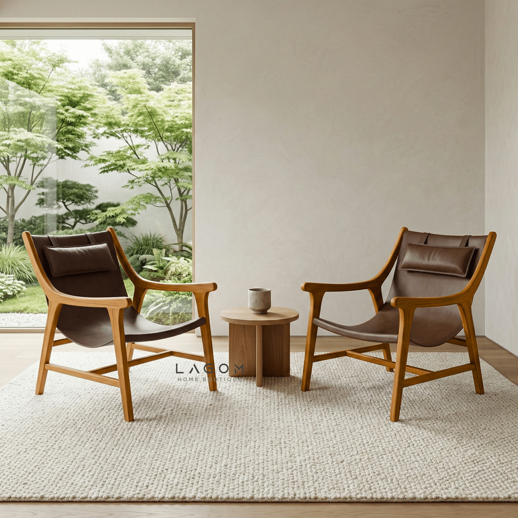Teak Lounge Chair with Leather Sling Seat - Chair - Lagom Home Boutique