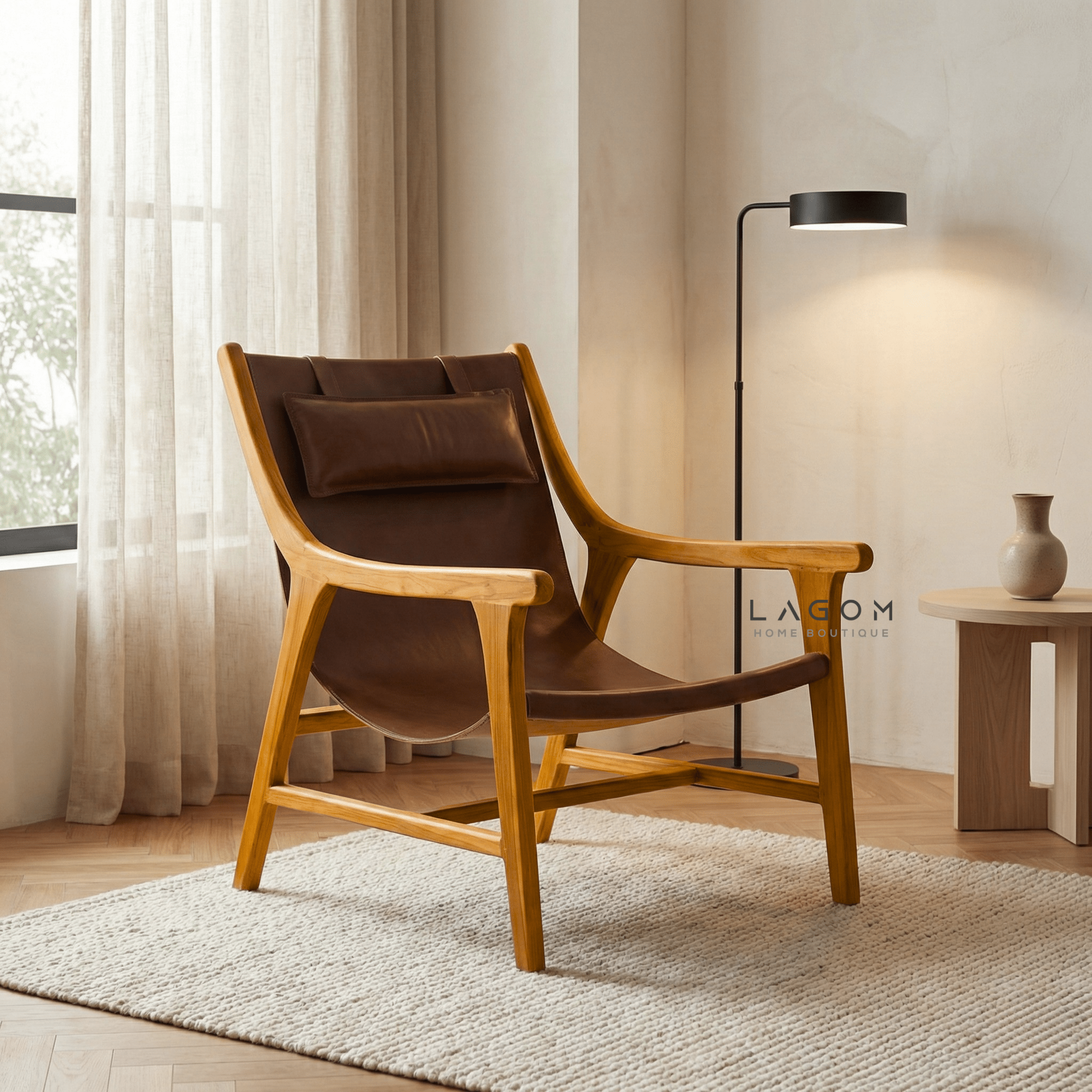 Teak Lounge Chair with Leather Sling Seat - Chair - Lagom Home Boutique