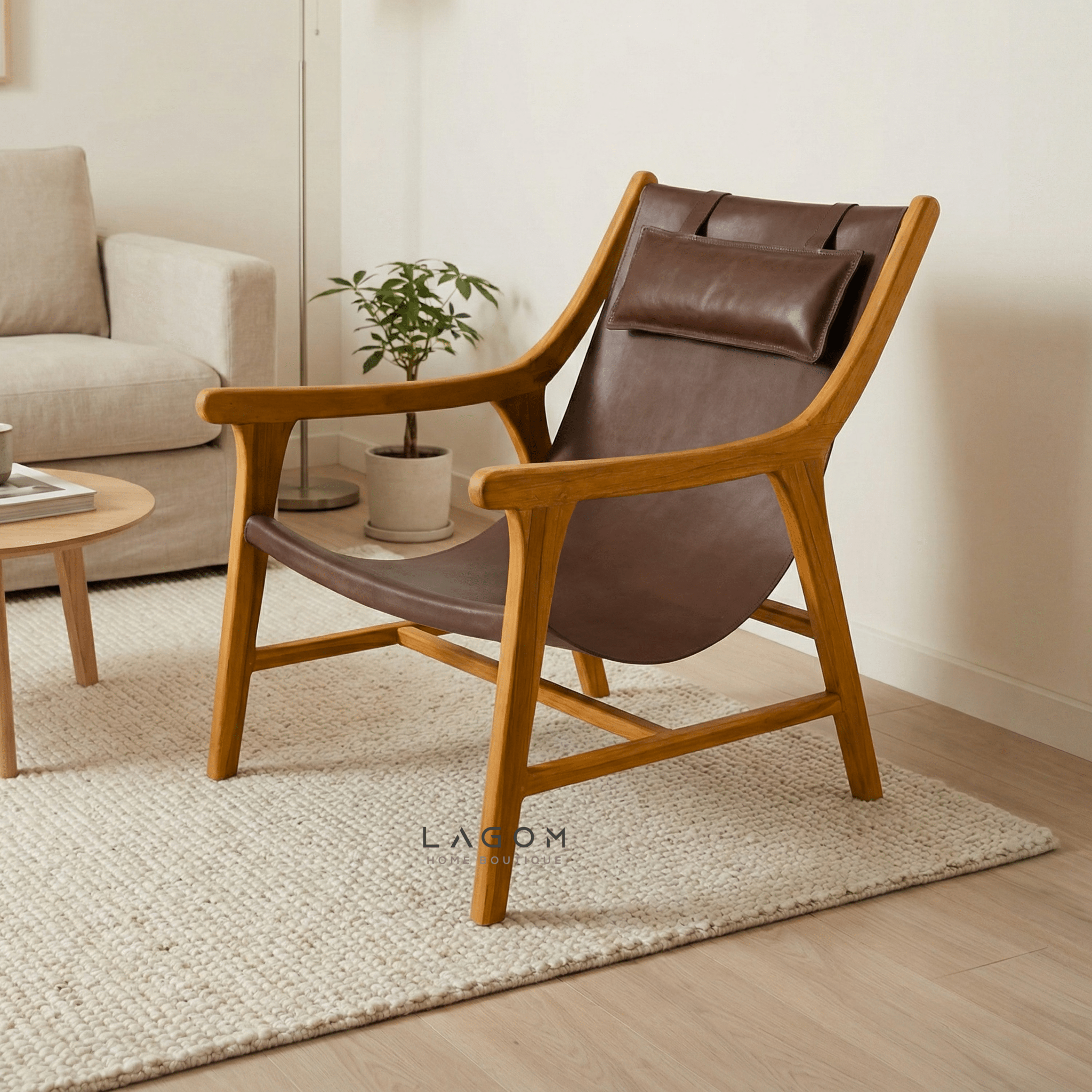 Teak Lounge Chair with Leather Sling Seat - Chair - Lagom Home Boutique