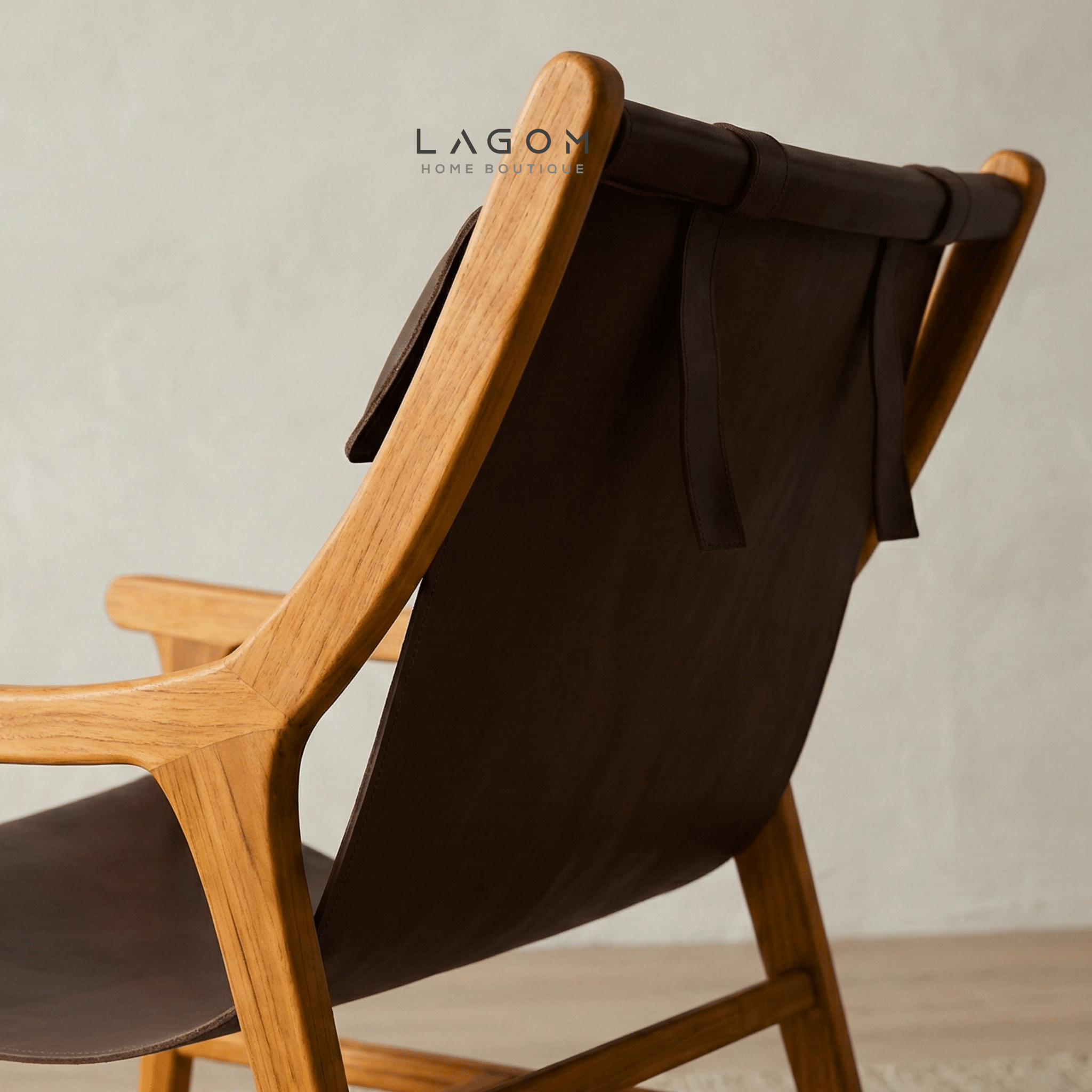 Teak Lounge Chair with Leather Sling Seat - Chair - Lagom Home Boutique
