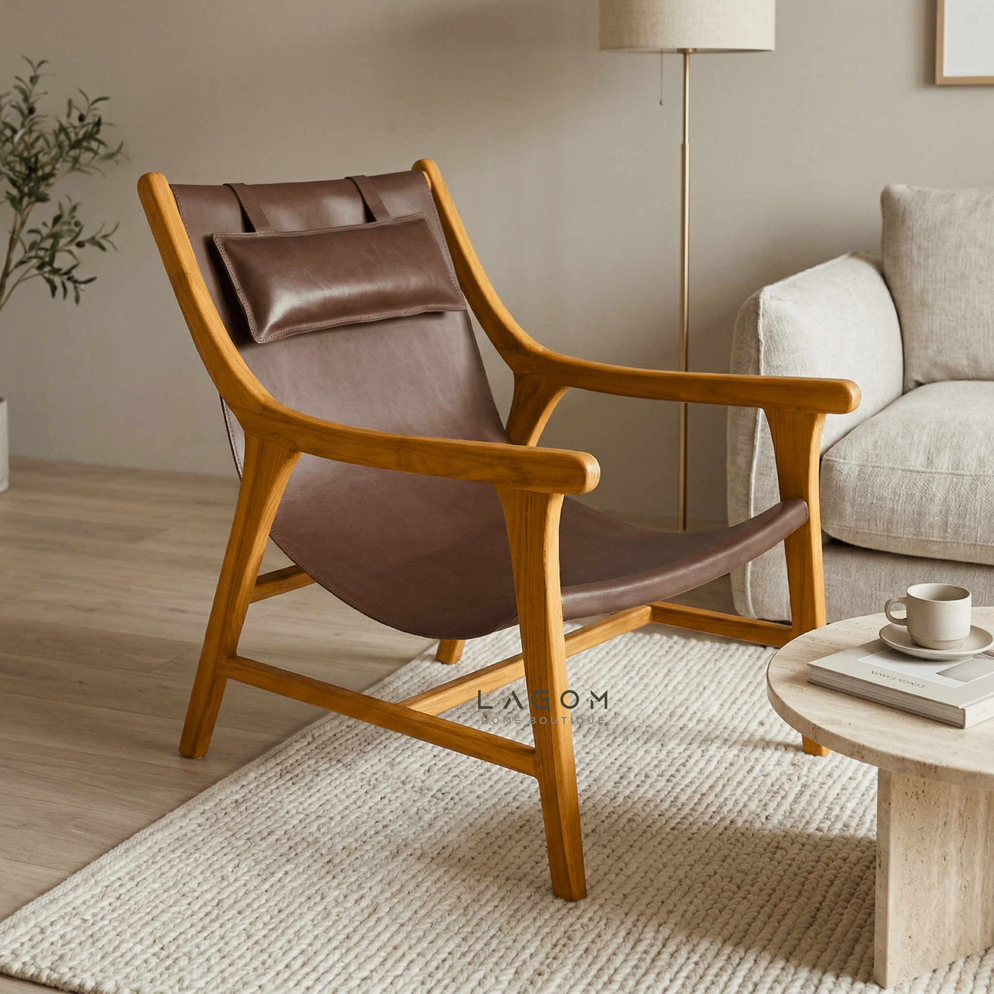 Teak Lounge Chair with Leather Sling Seat - Chair - Lagom Home Boutique