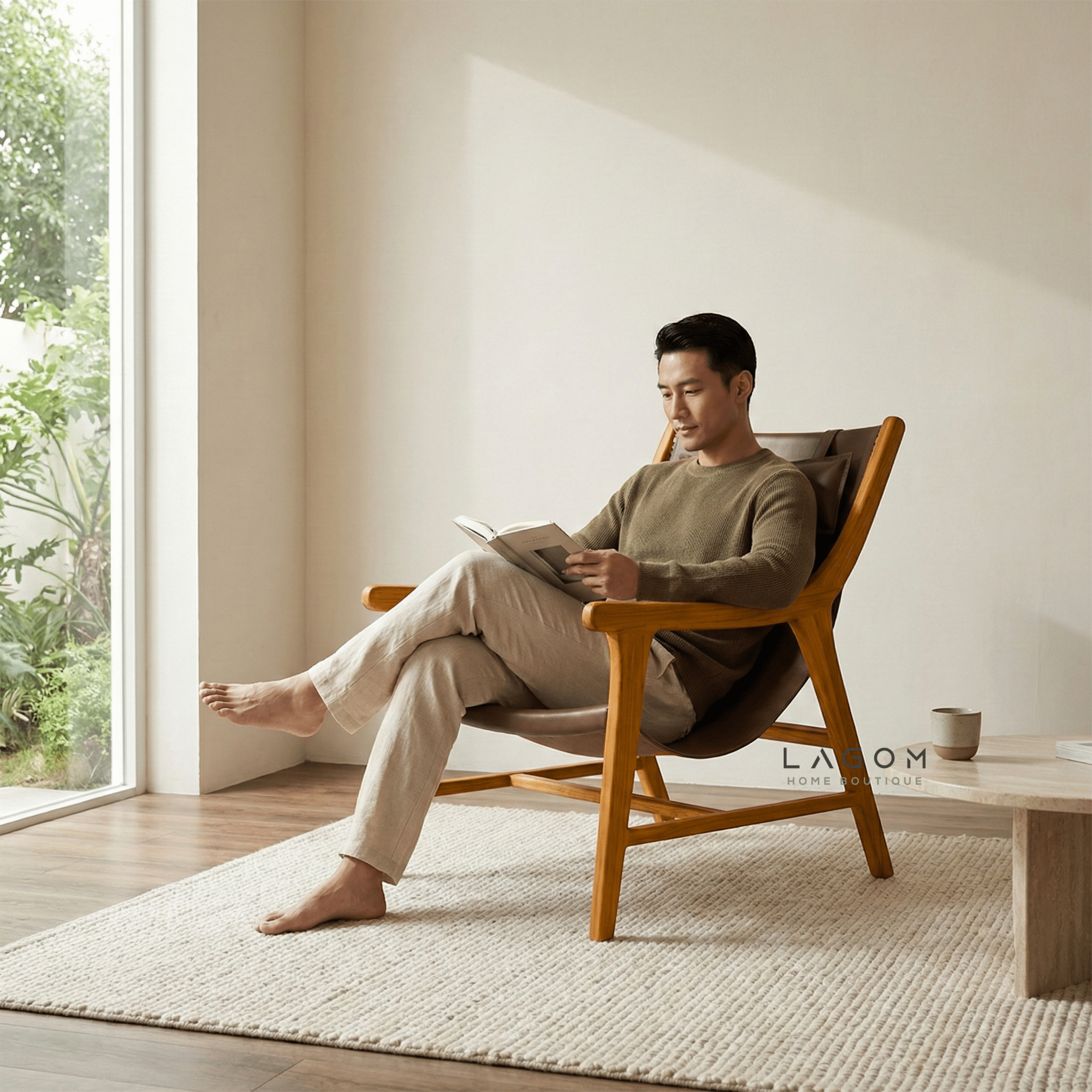 Teak Lounge Chair with Leather Sling Seat - Chair - Lagom Home Boutique