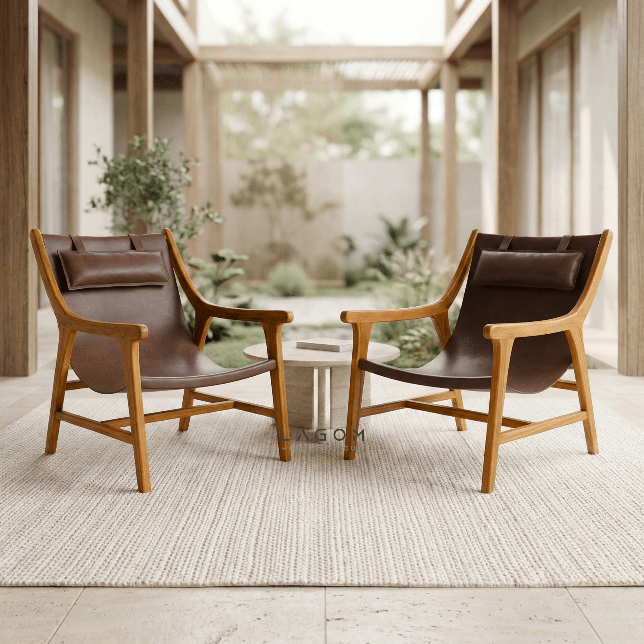 Teak Lounge Chair with Leather Sling Seat - Chair - Lagom Home Boutique