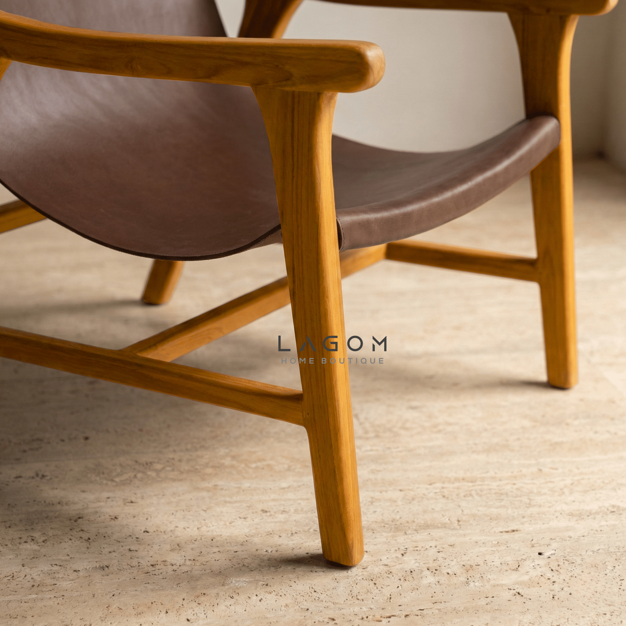 Teak Lounge Chair with Leather Sling Seat - Chair - Lagom Home Boutique