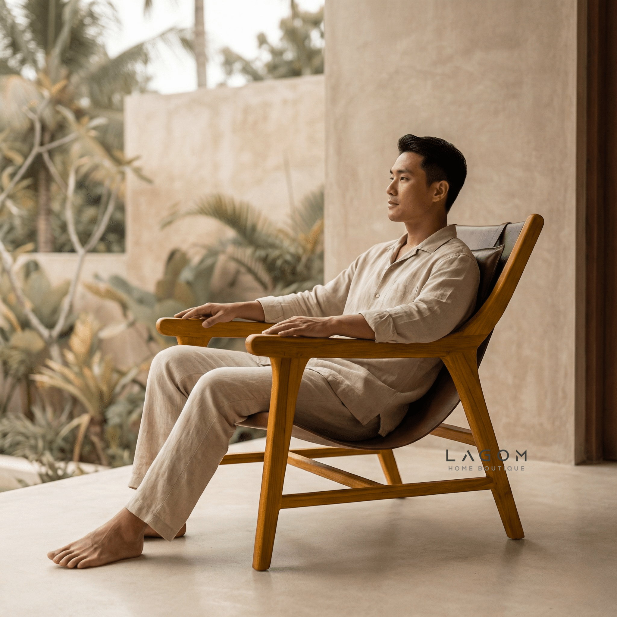 Teak Lounge Chair with Leather Sling Seat - Chair - Lagom Home Boutique