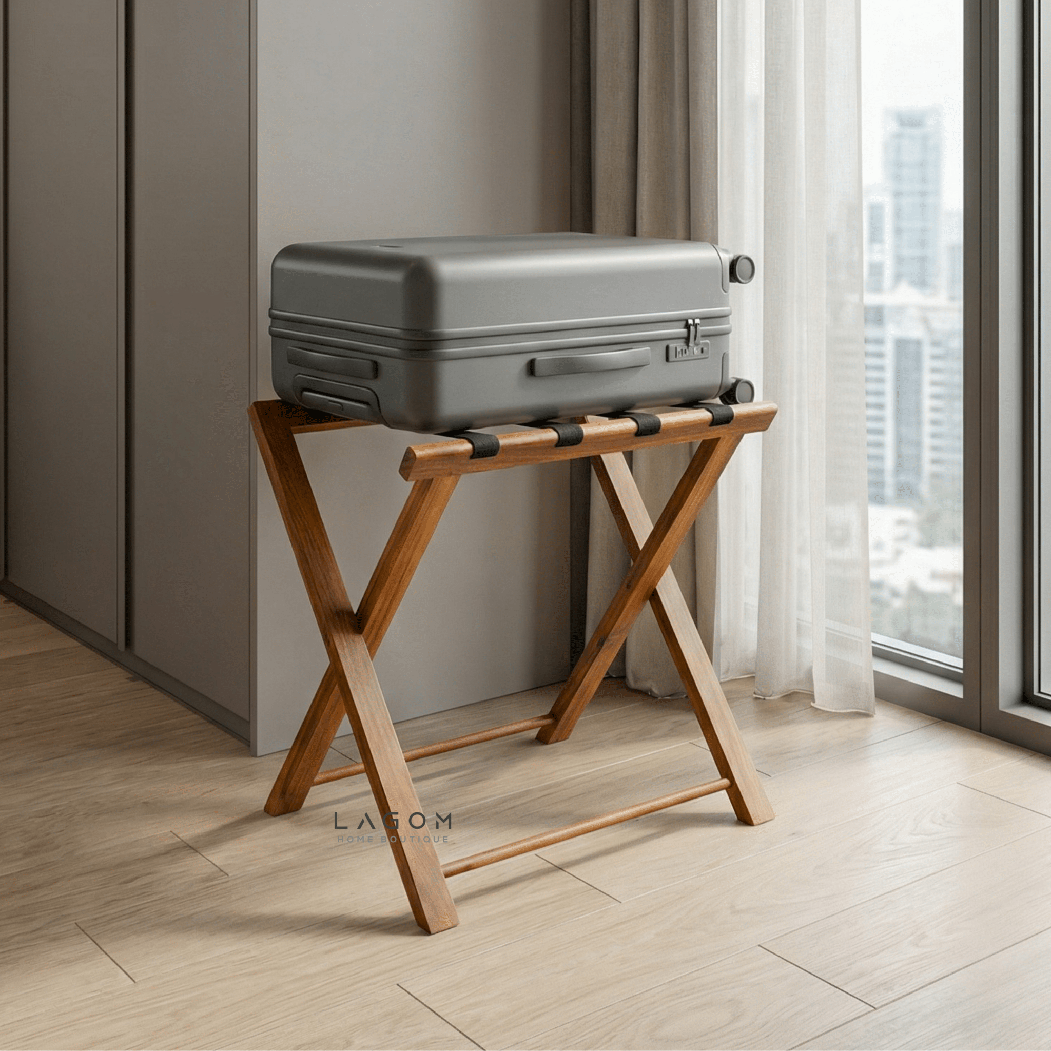 Teak Luggage Rack with Genuine Leather - Luggage Rack - Lagom Home Boutique