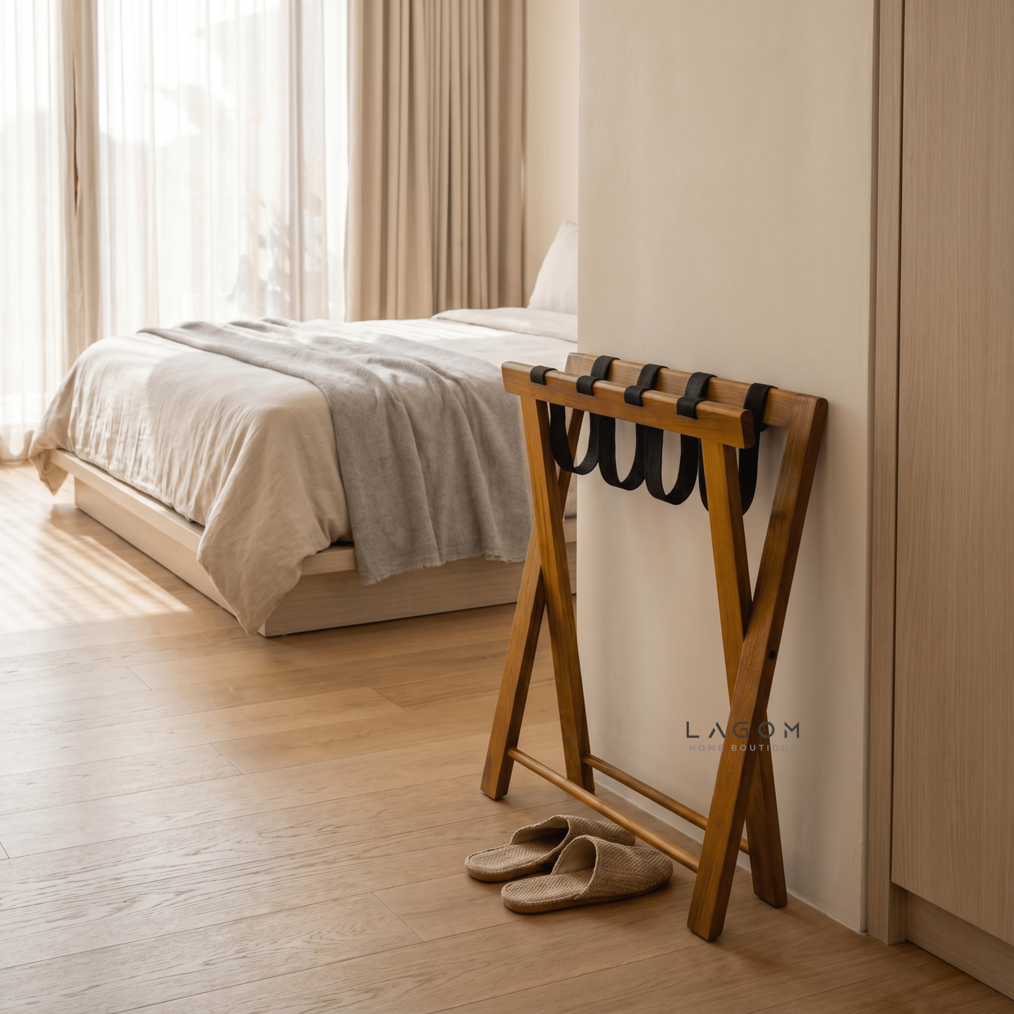 Teak Luggage Rack with Genuine Leather - Luggage Rack - Lagom Home Boutique