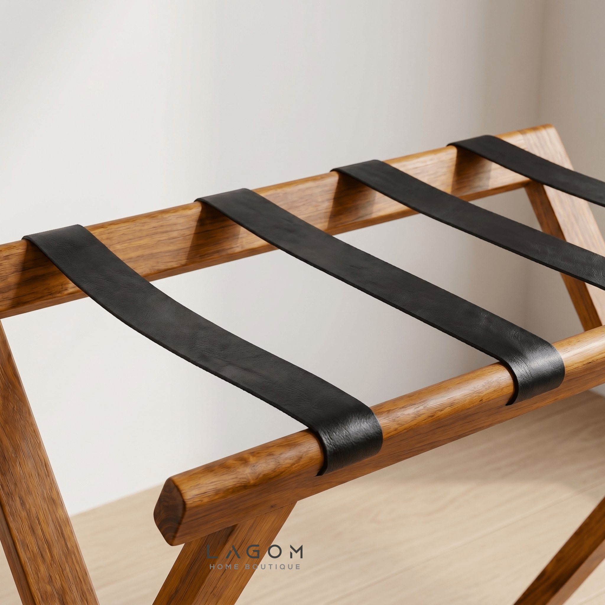 Teak Luggage Rack with Genuine Leather - Luggage Rack - Lagom Home Boutique