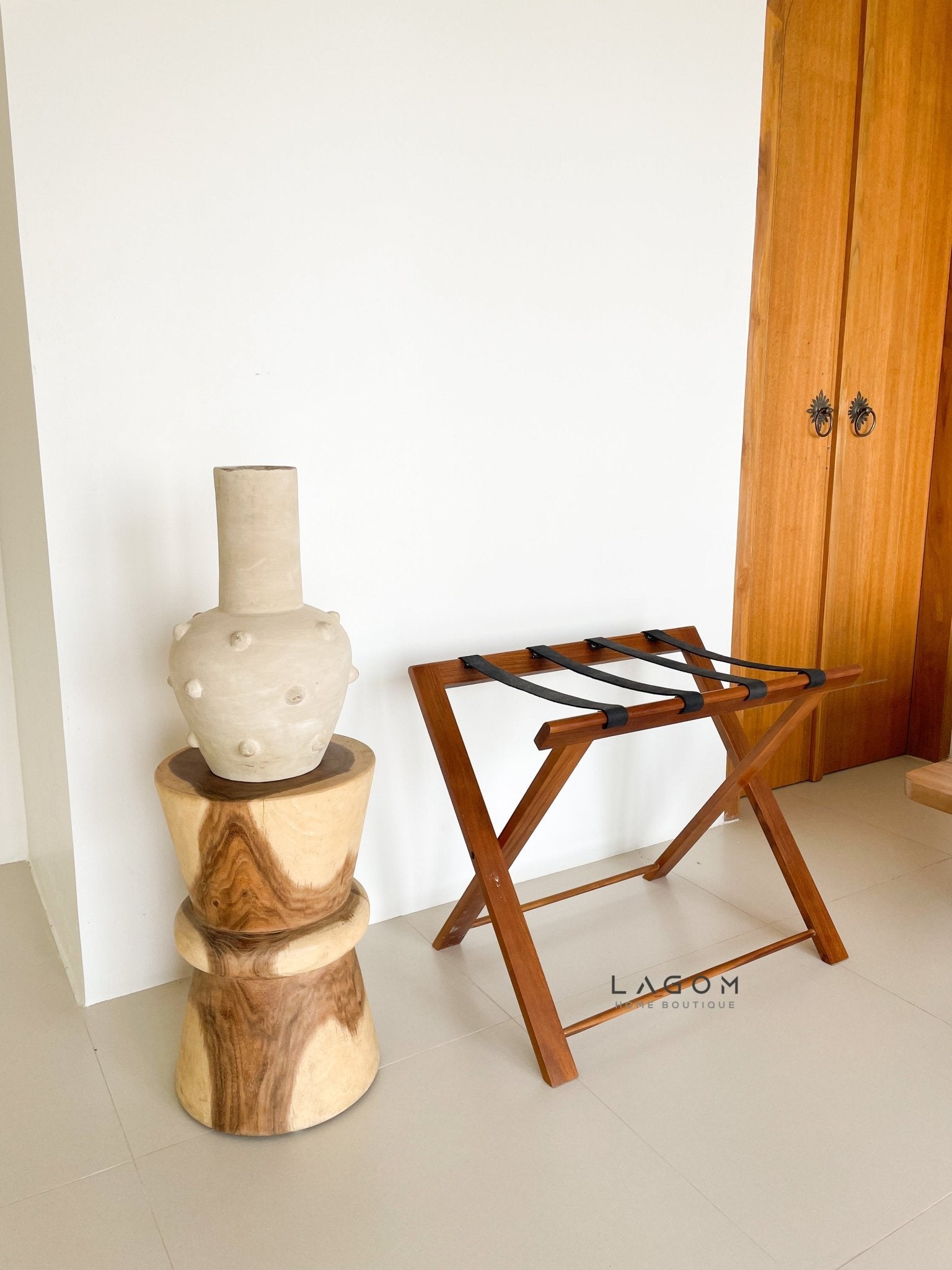 Teak Luggage Rack with Genuine Leather - Luggage Rack - Lagom Home Boutique