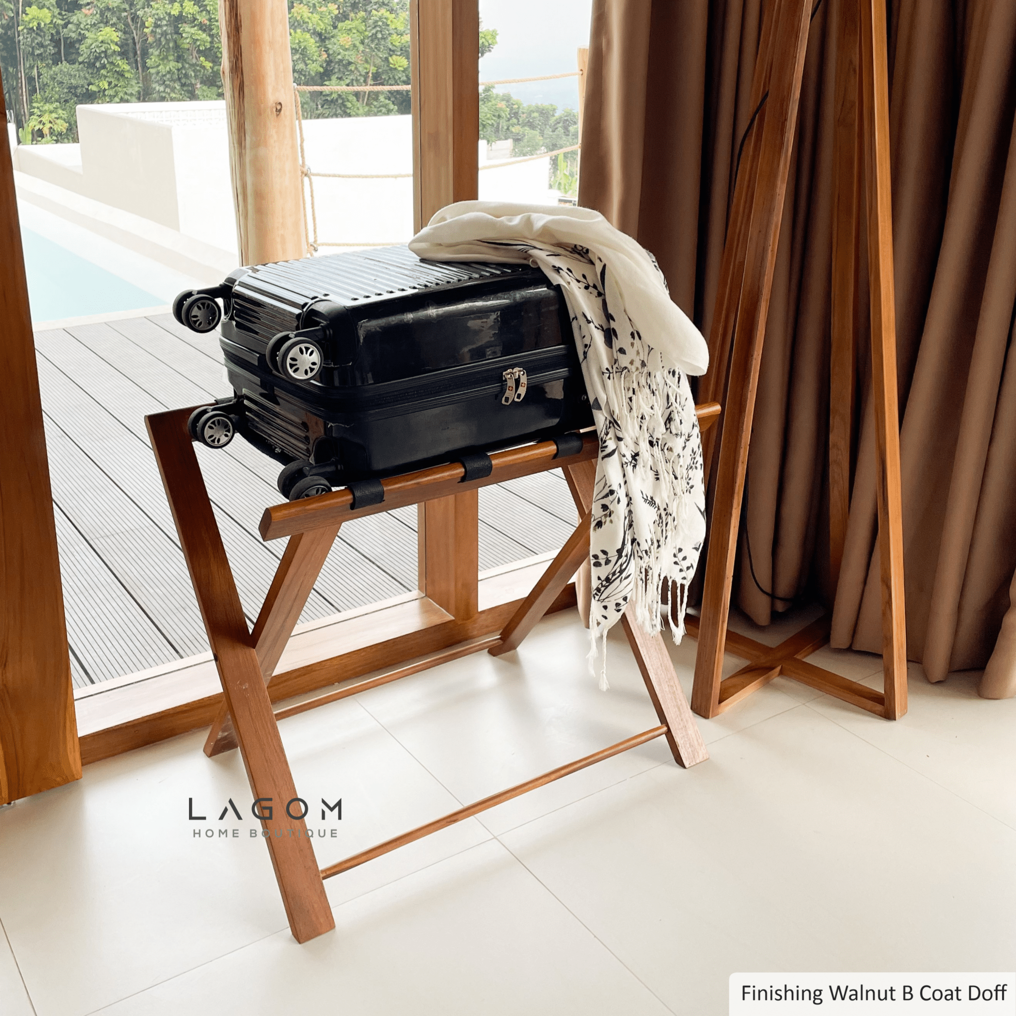 Teak Luggage Rack with Genuine Leather - Luggage Rack - Lagom Home Boutique