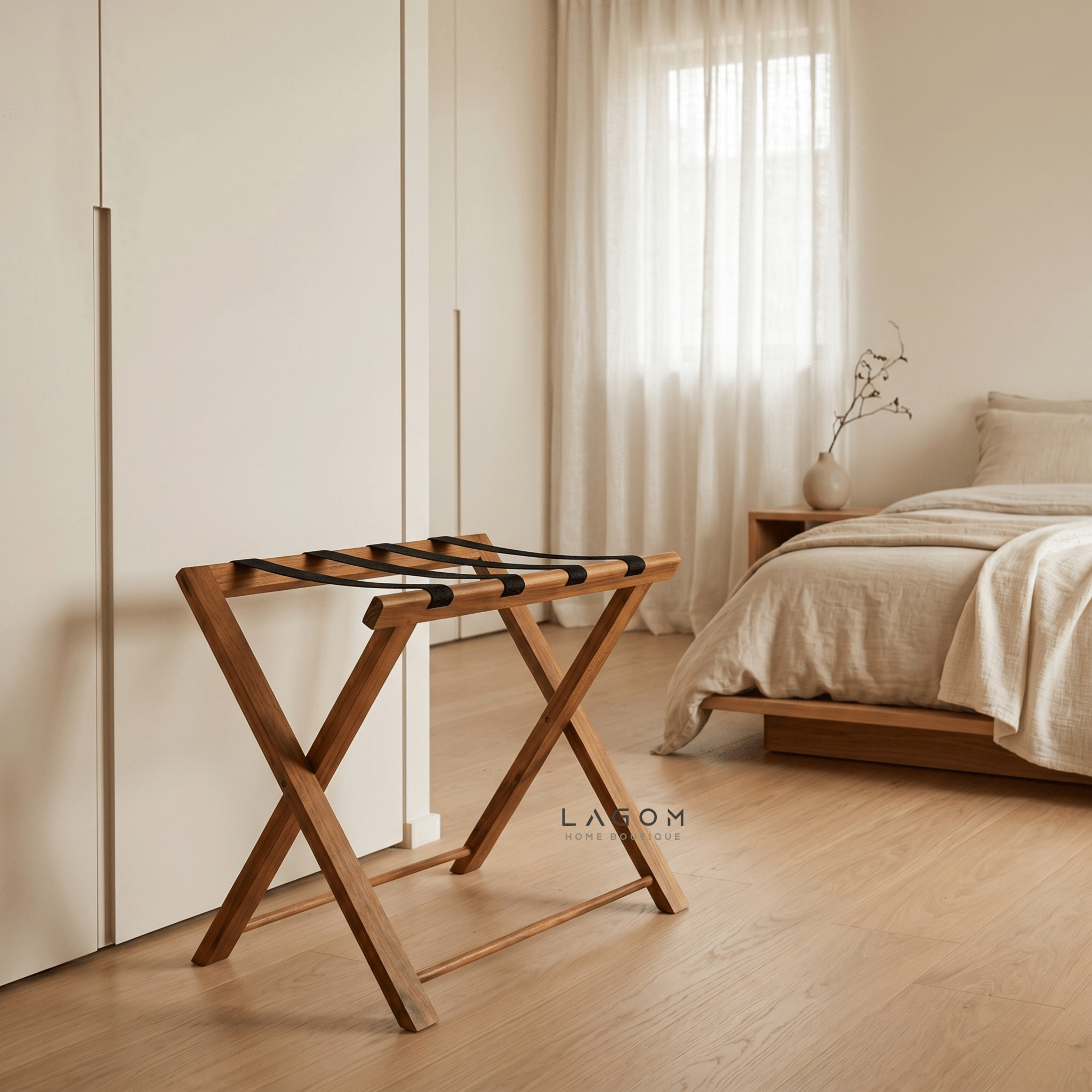 Teak Luggage Rack with Genuine Leather - Luggage Rack - Lagom Home Boutique