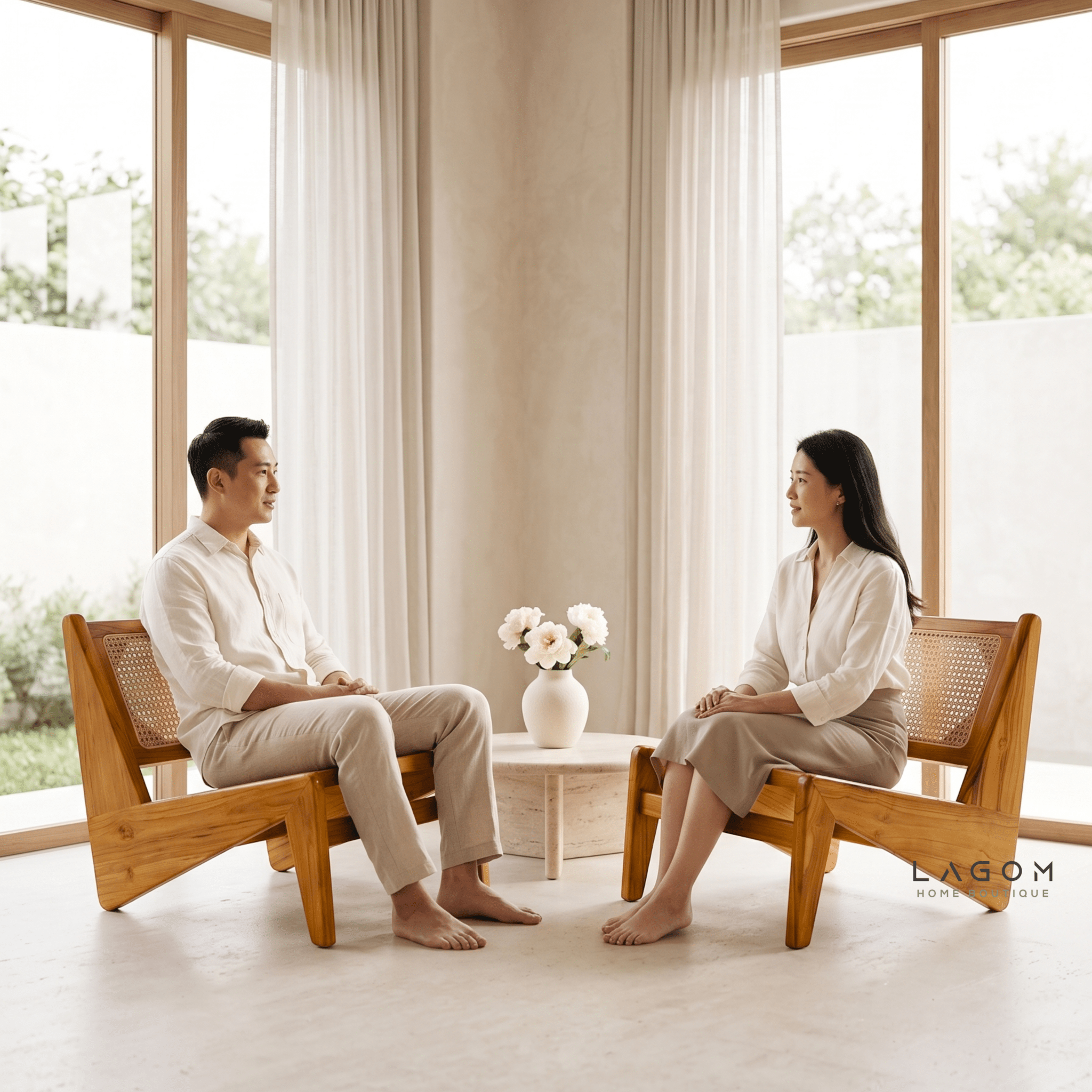 Teak & Rattan Lounge Chair for Indoor & Semi-Outdoor Spaces-Chair-Lagom Home Boutique