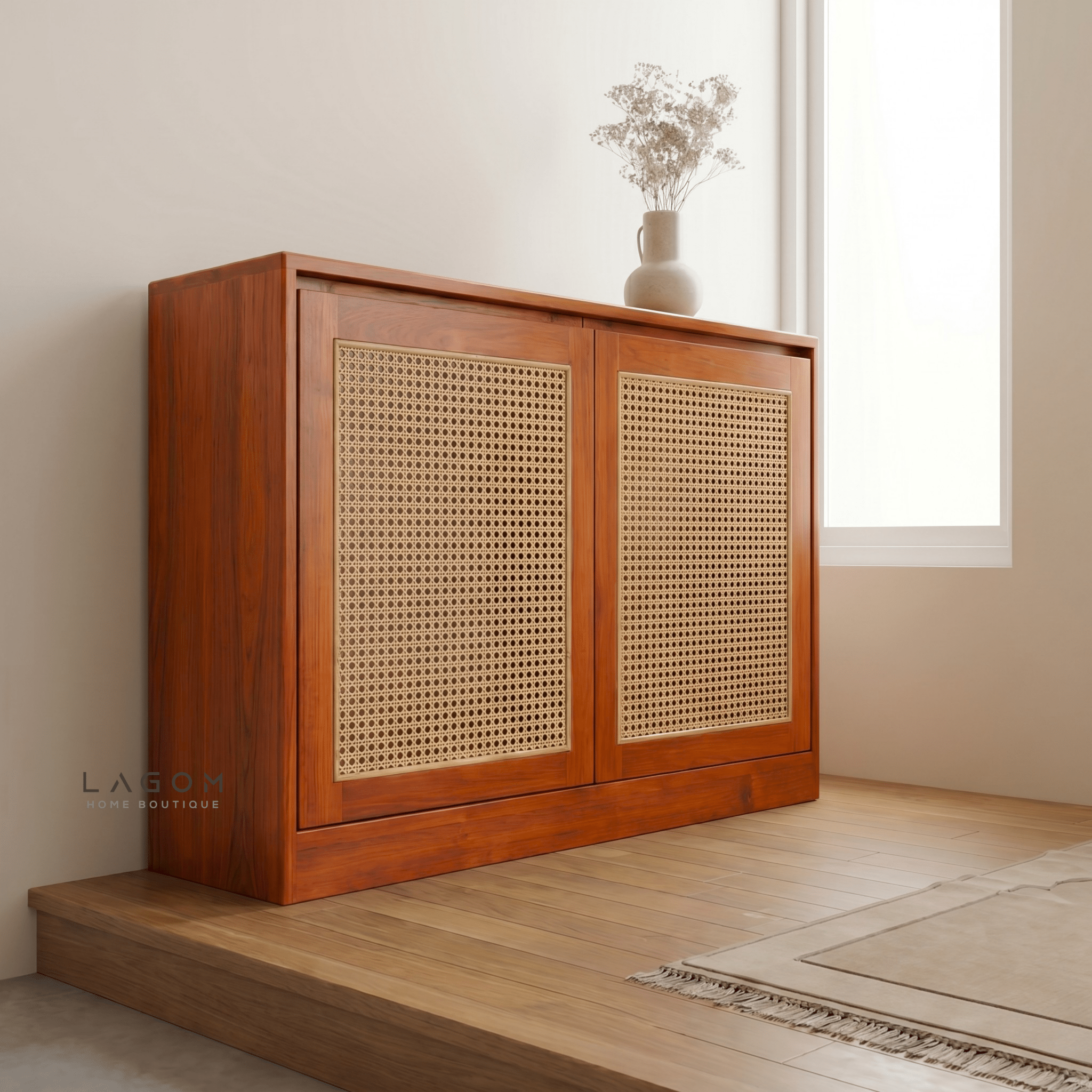 Teak & Rattan Sideboard with Hanging Rail and Shelf - Sideboard - Lagom Home Boutique