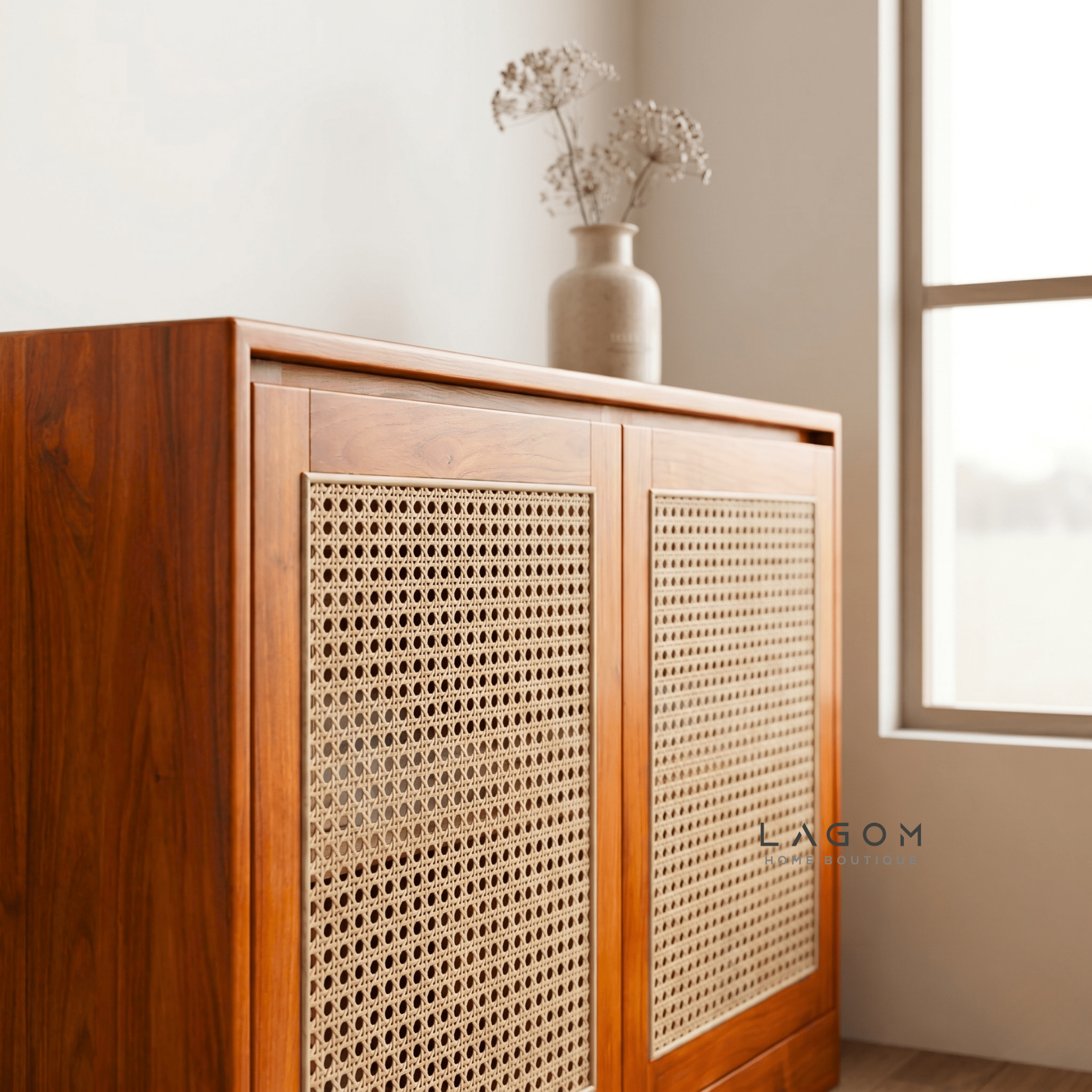 Teak & Rattan Sideboard with Hanging Rail and Shelf - Sideboard - Lagom Home Boutique