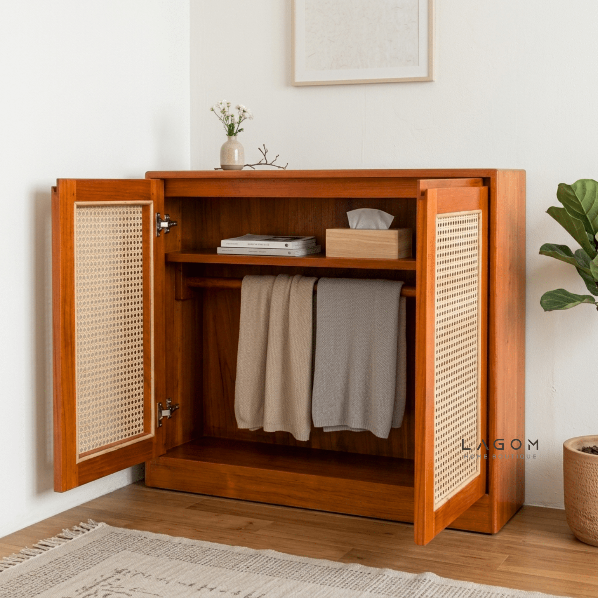 Teak & Rattan Sideboard with Hanging Rail and Shelf - Sideboard - Lagom Home Boutique