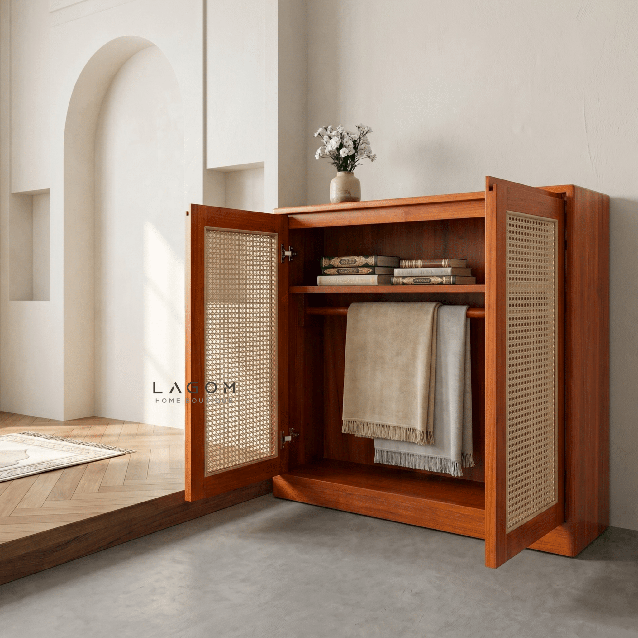 Teak & Rattan Sideboard with Hanging Rail and Shelf - Sideboard - Lagom Home Boutique