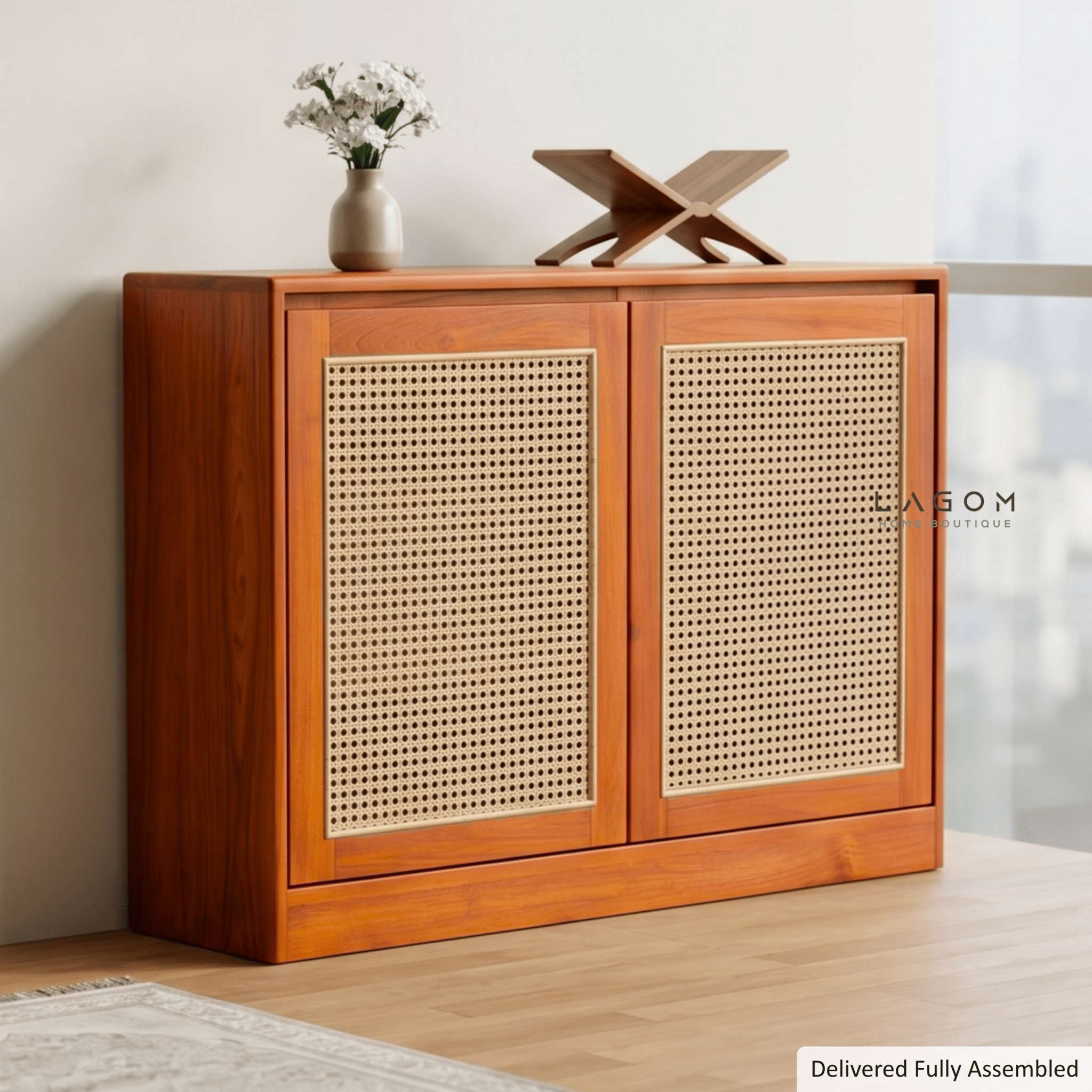 Teak & Rattan Sideboard with Hanging Rail and Shelf - Sideboard - Lagom Home Boutique