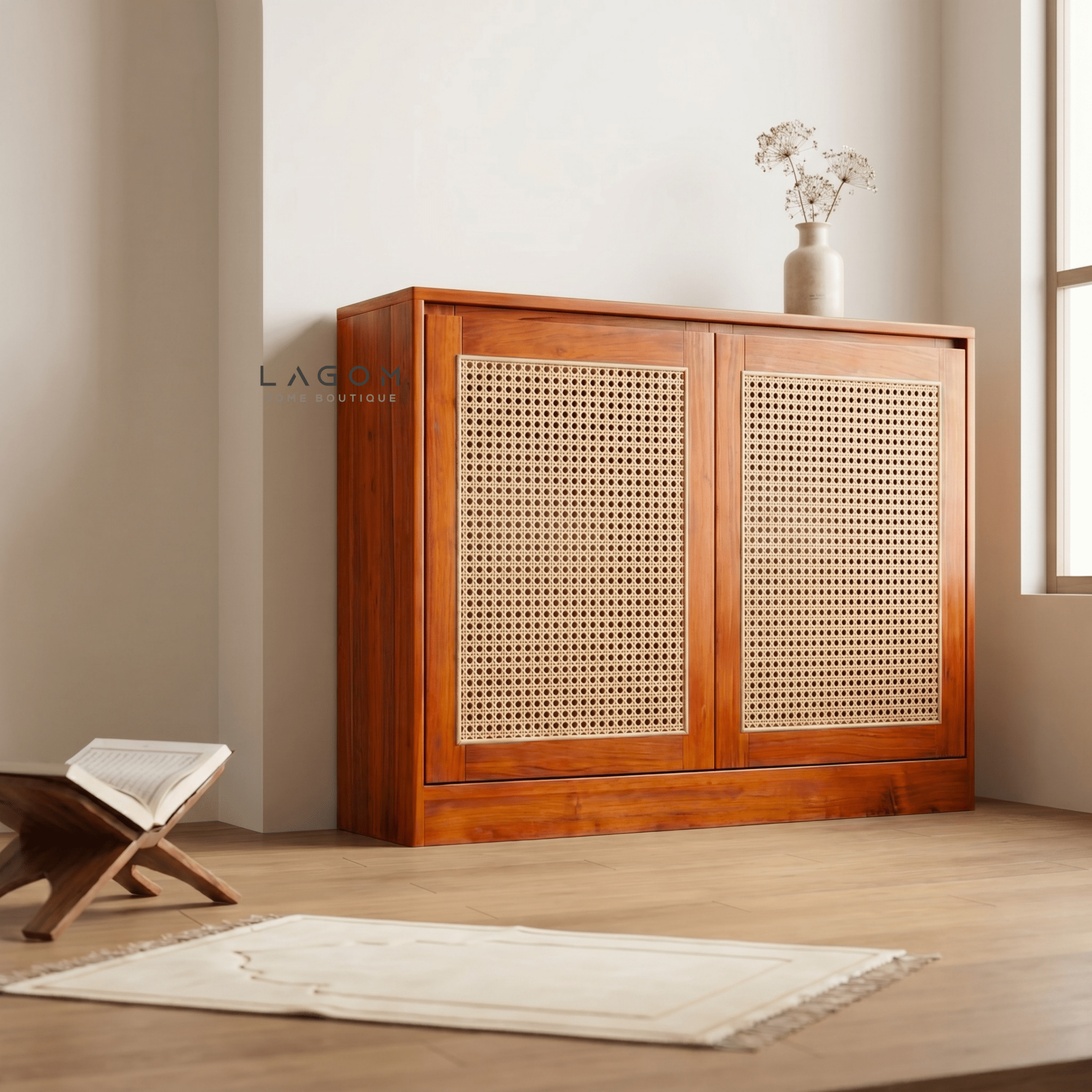 Teak & Rattan Sideboard with Hanging Rail and Shelf - Sideboard - Lagom Home Boutique