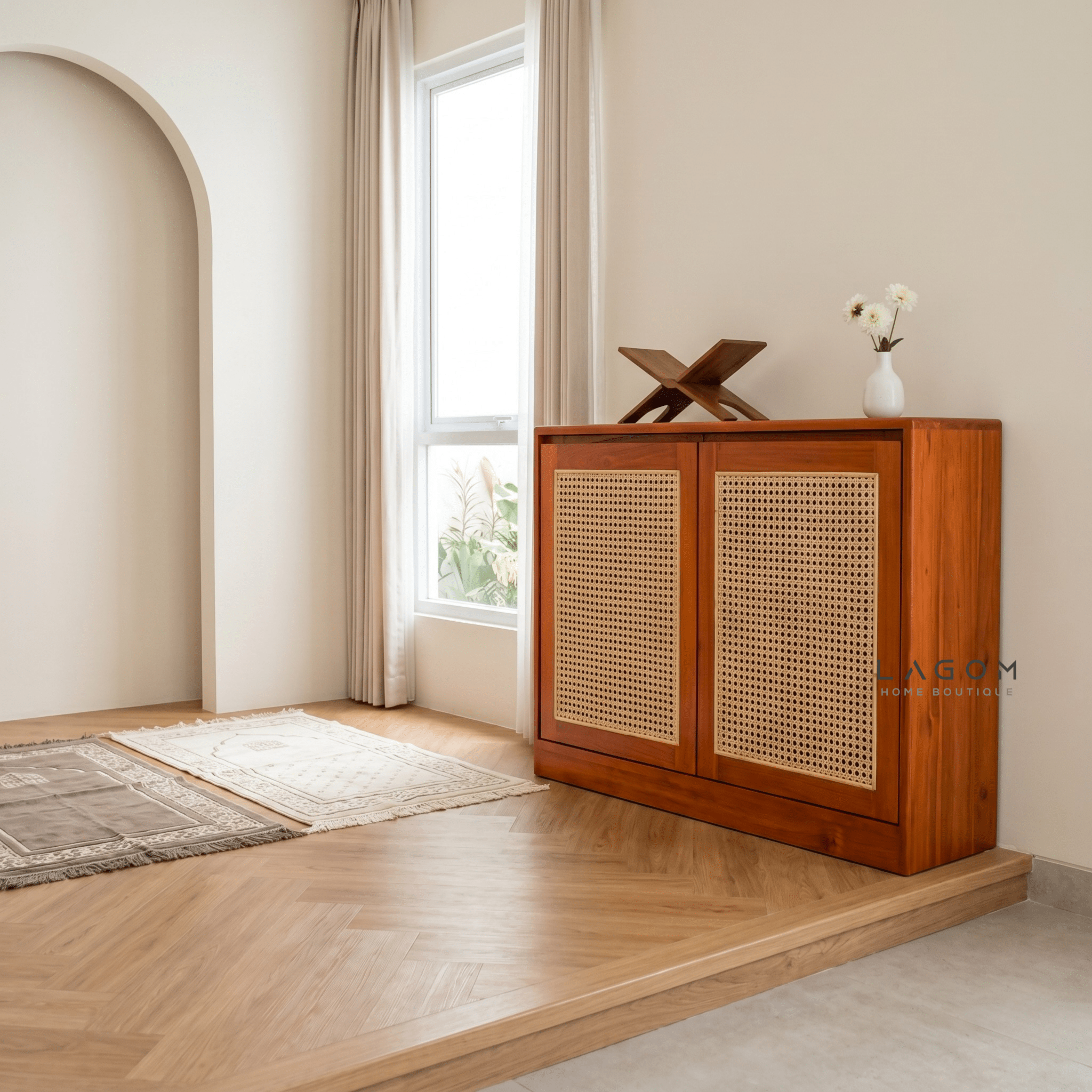Teak & Rattan Sideboard with Hanging Rail and Shelf - Sideboard - Lagom Home Boutique