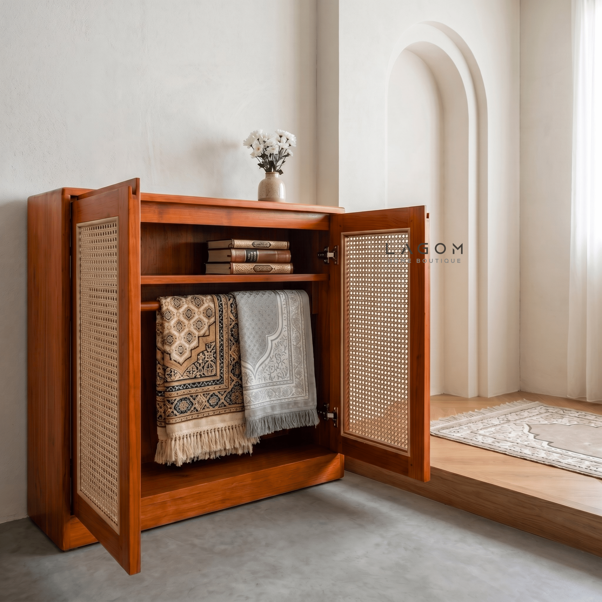 Teak & Rattan Sideboard with Hanging Rail and Shelf - Sideboard - Lagom Home Boutique