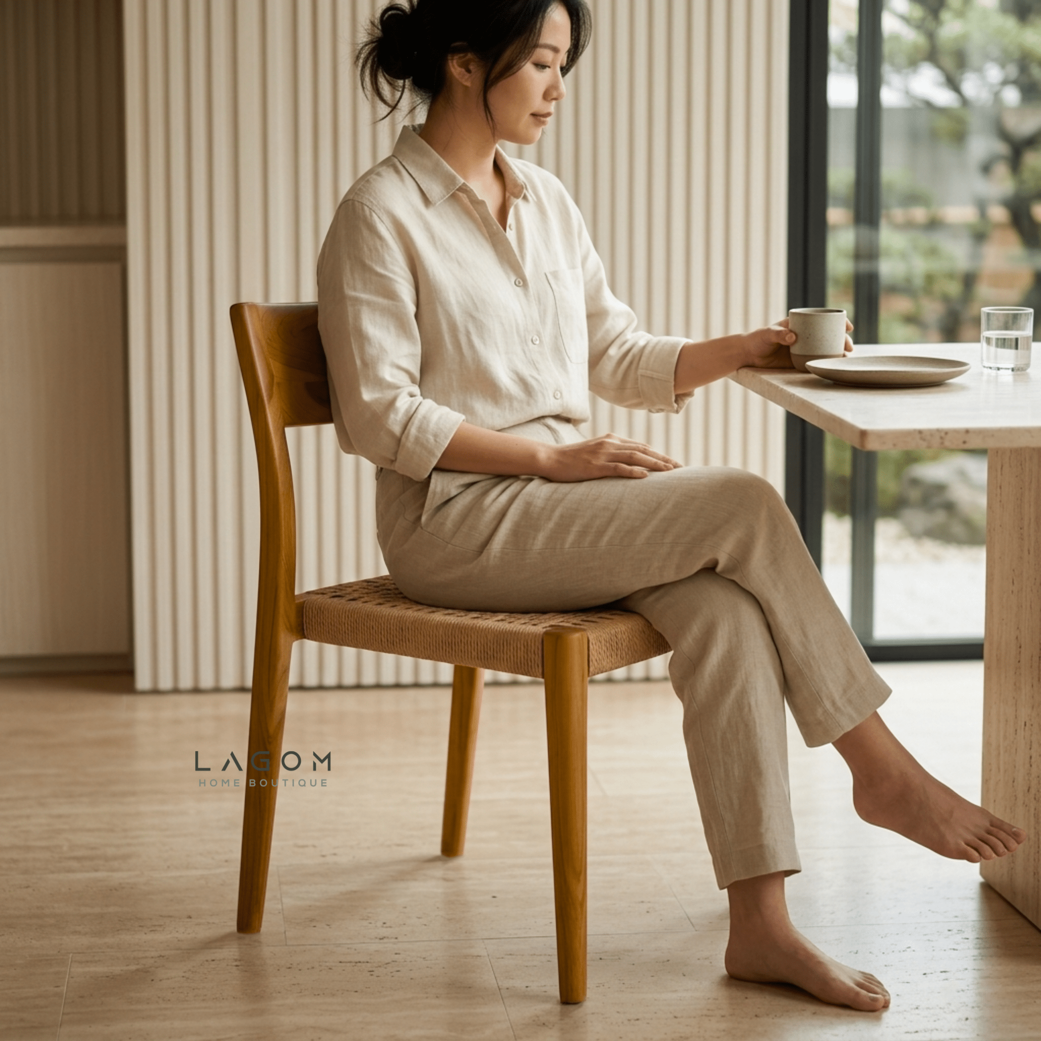 Teak Stackable Chair with Paper Loom Seat - Chair - Lagom Home Boutique