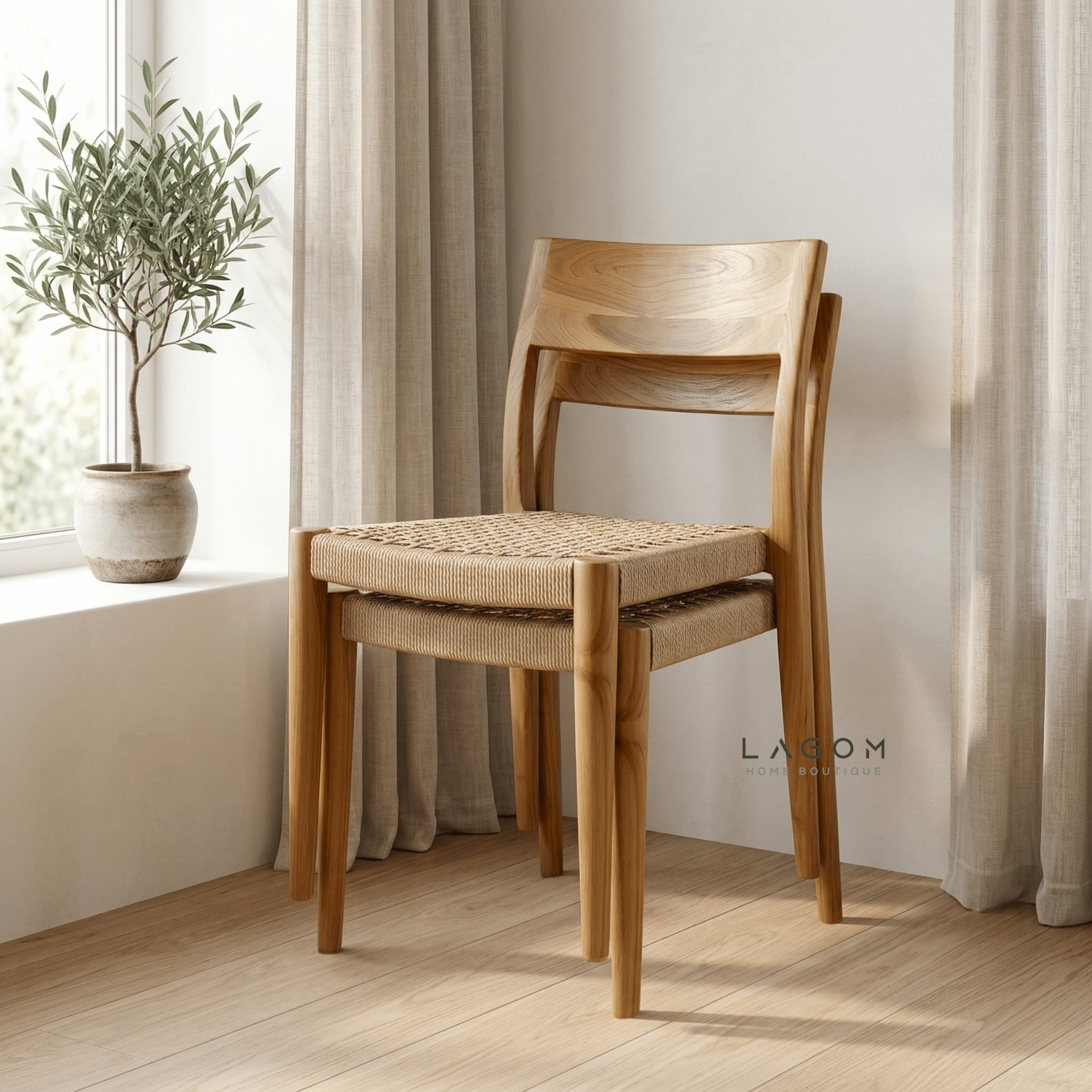 Teak Stackable Chair with Paper Loom Seat - Chair - Lagom Home Boutique