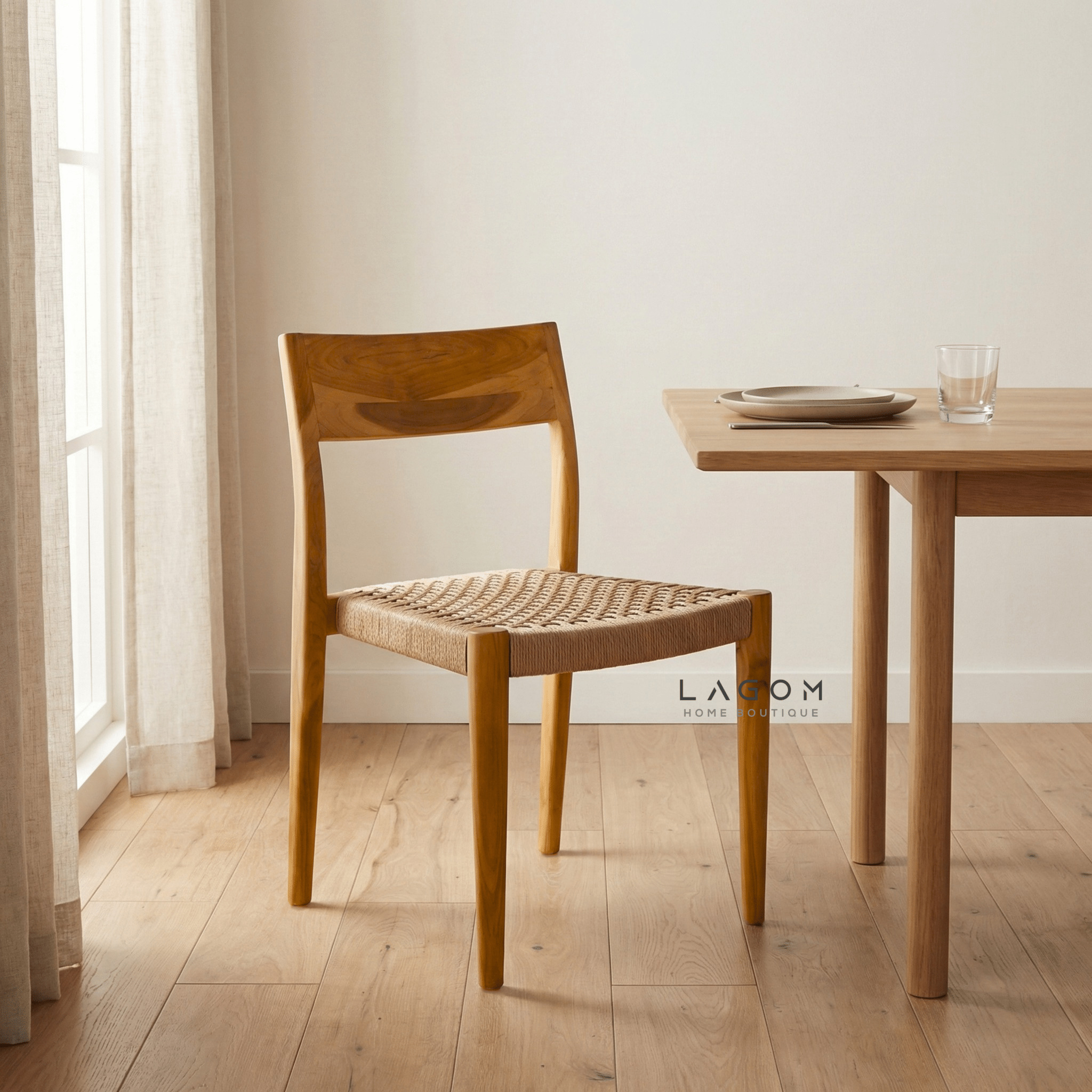 Teak Stackable Chair with Paper Loom Seat - Chair - Lagom Home Boutique
