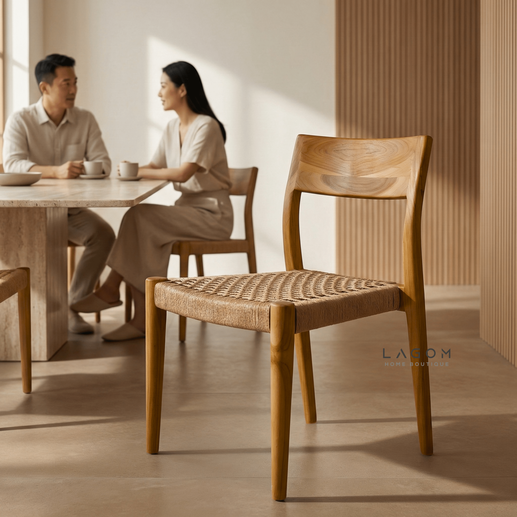 Teak Stackable Chair with Paper Loom Seat - Chair - Lagom Home Boutique