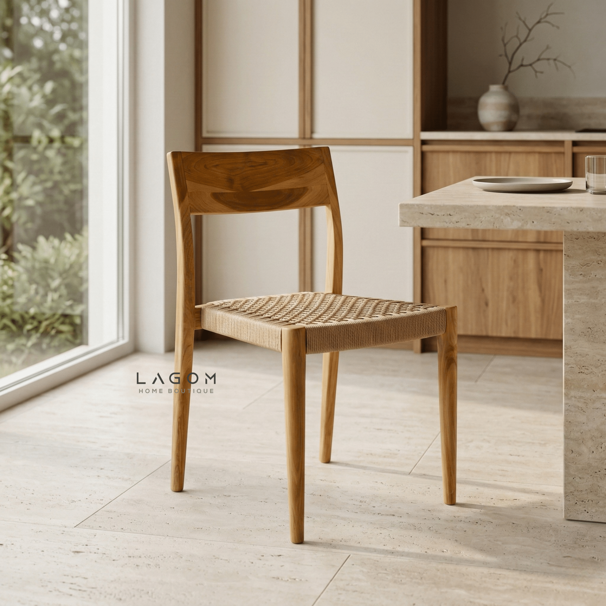 Teak Stackable Chair with Paper Loom Seat - Chair - Lagom Home Boutique