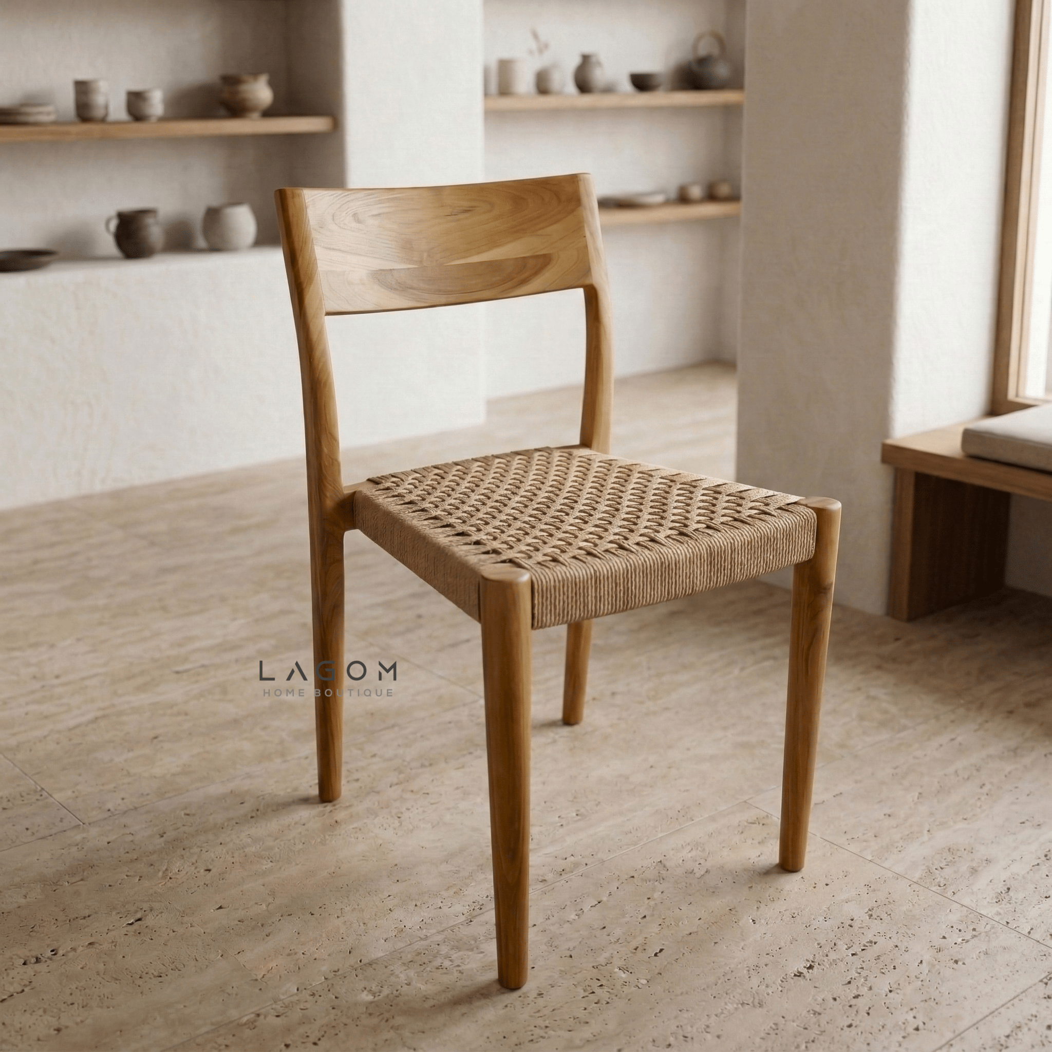 Teak Stackable Chair with Paper Loom Seat - Chair - Lagom Home Boutique