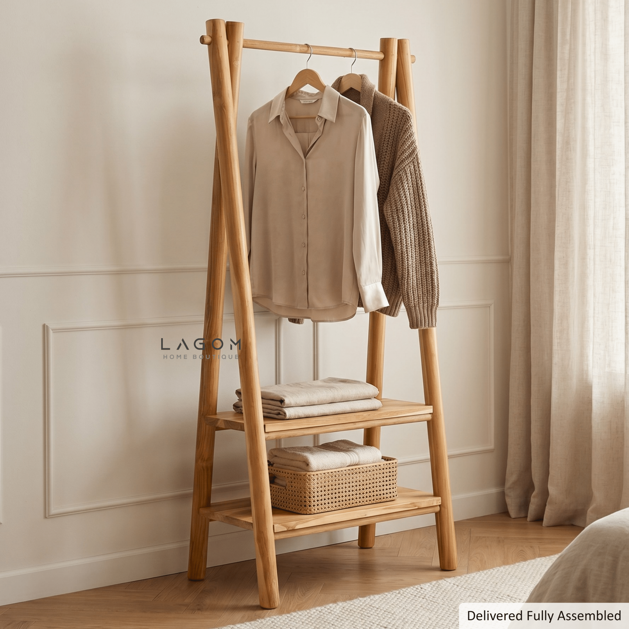 Teak Standing Coat Hanger with Two Shelves - Standing Coat Hanger - Lagom Home Boutique