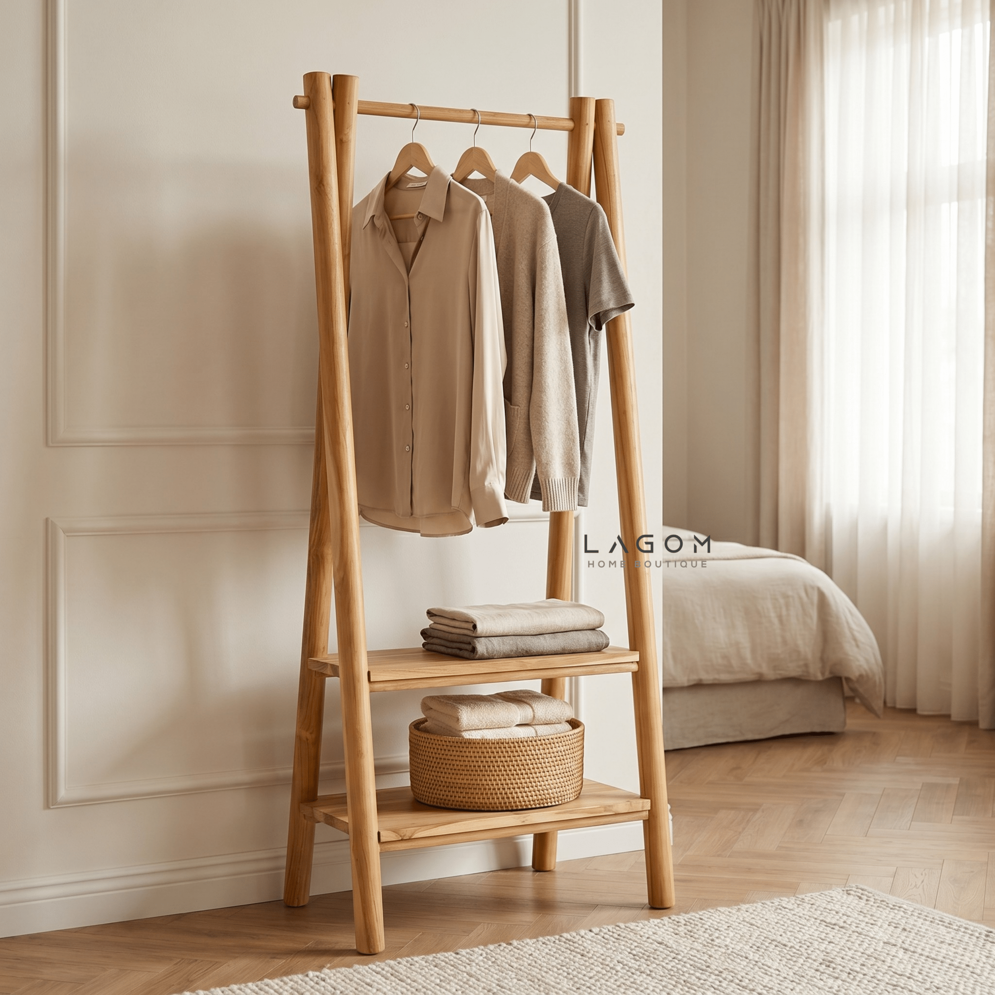 Teak Standing Coat Hanger with Two Shelves - Standing Coat Hanger - Lagom Home Boutique