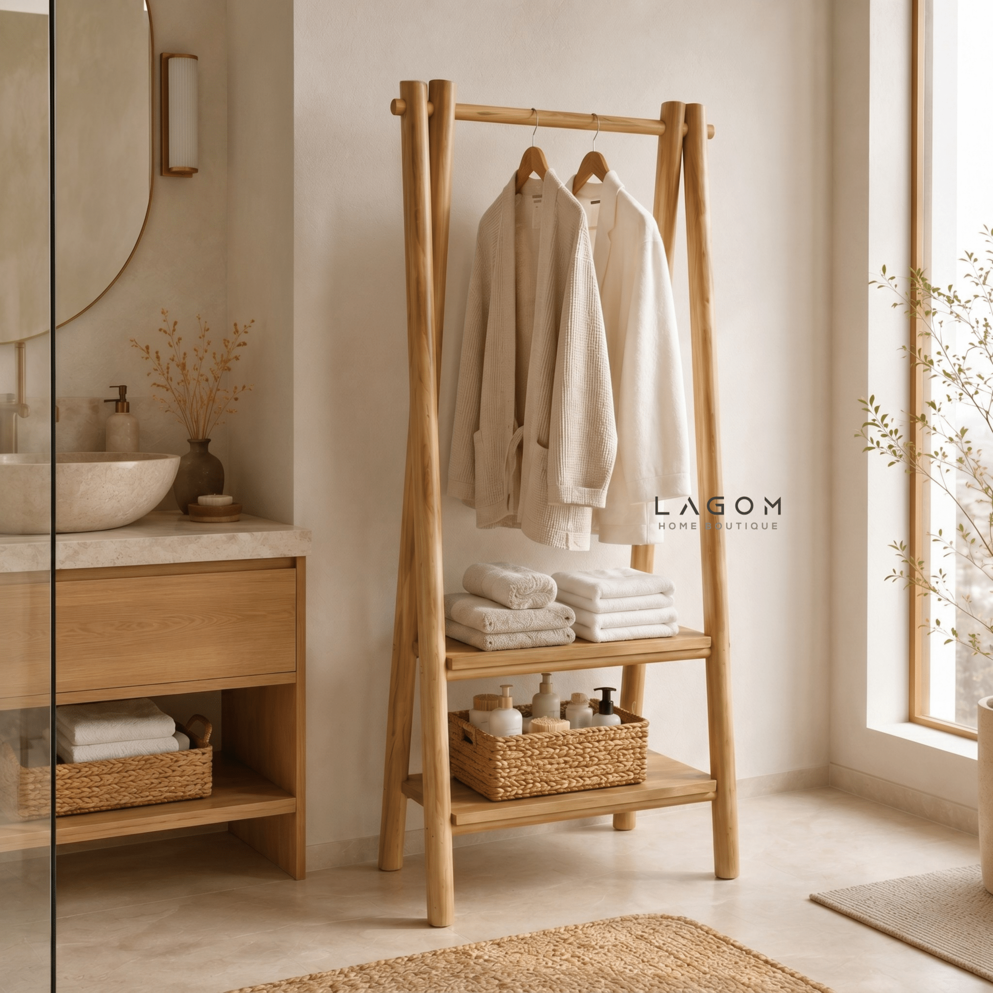 Teak Standing Coat Hanger with Two Shelves - Standing Coat Hanger - Lagom Home Boutique