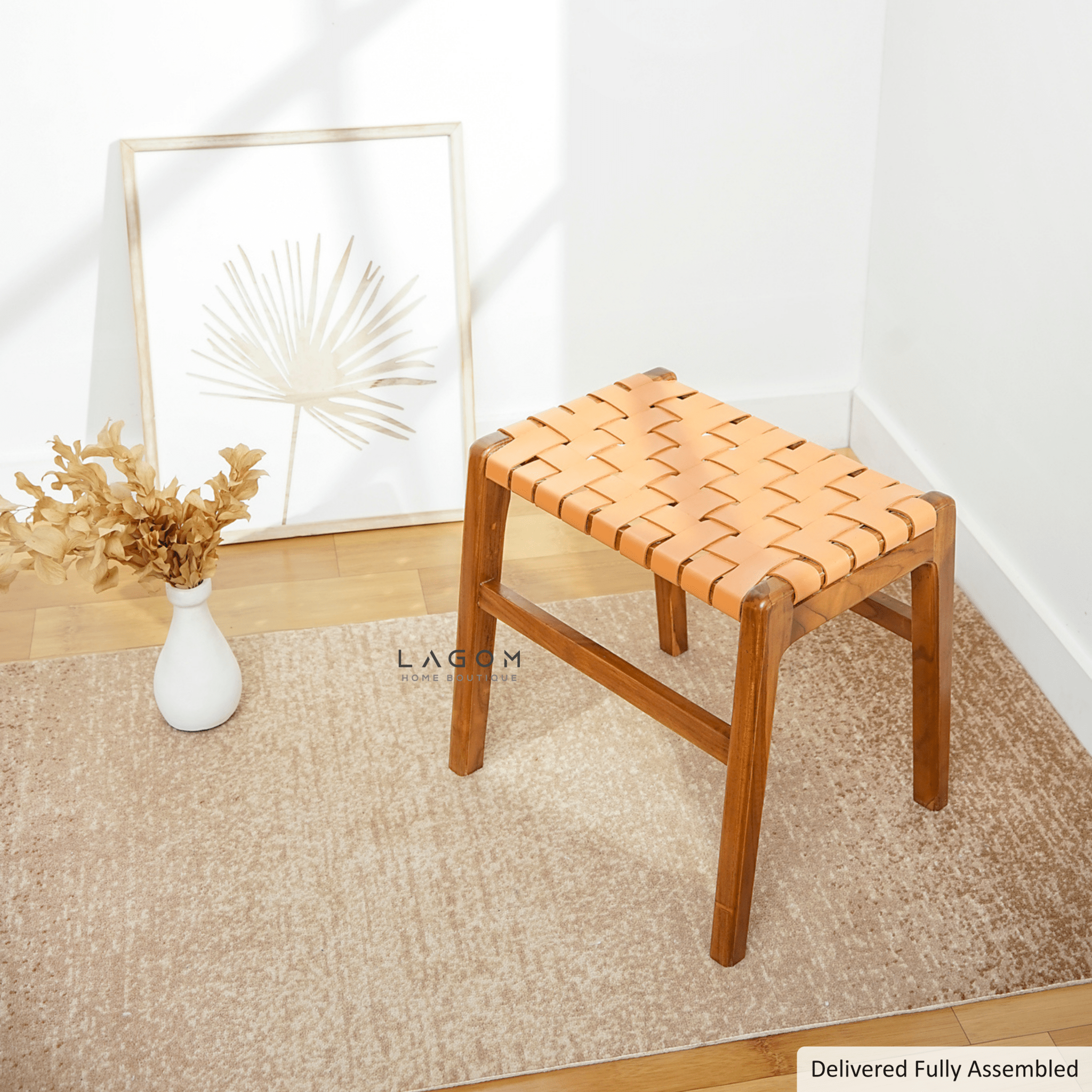 Teak Vanity Stool with Genuine Leather Weave - Chair - Lagom Home Boutique