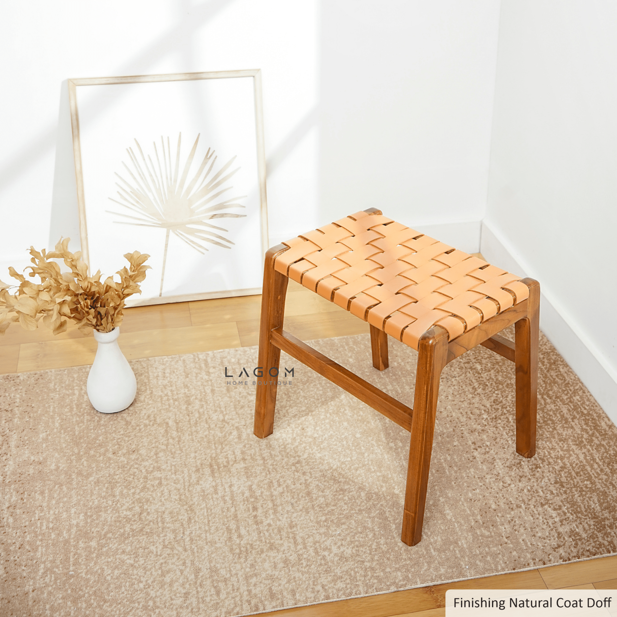 Teak Vanity Stool with Genuine Leather Weave - Chair - Lagom Home Boutique