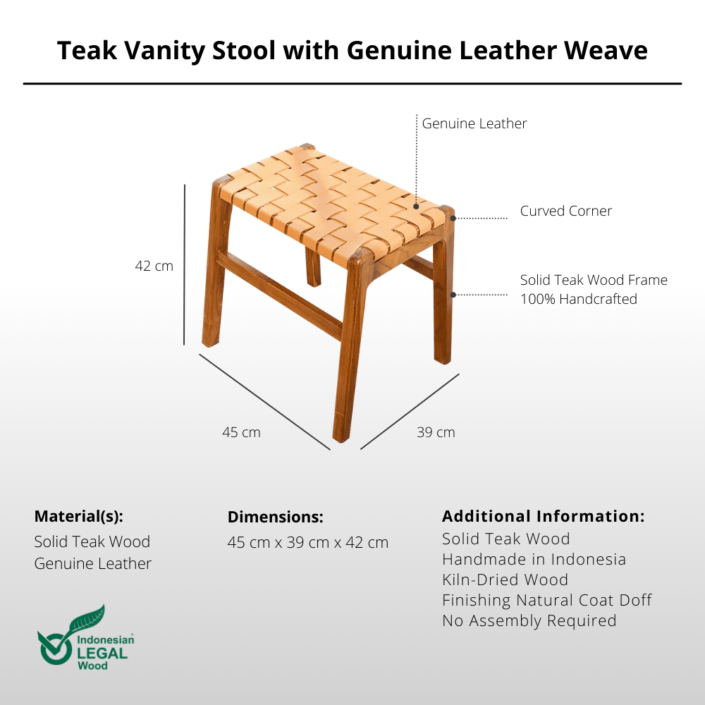 Teak Vanity Stool with Genuine Leather Weave - Chair - Lagom Home Boutique