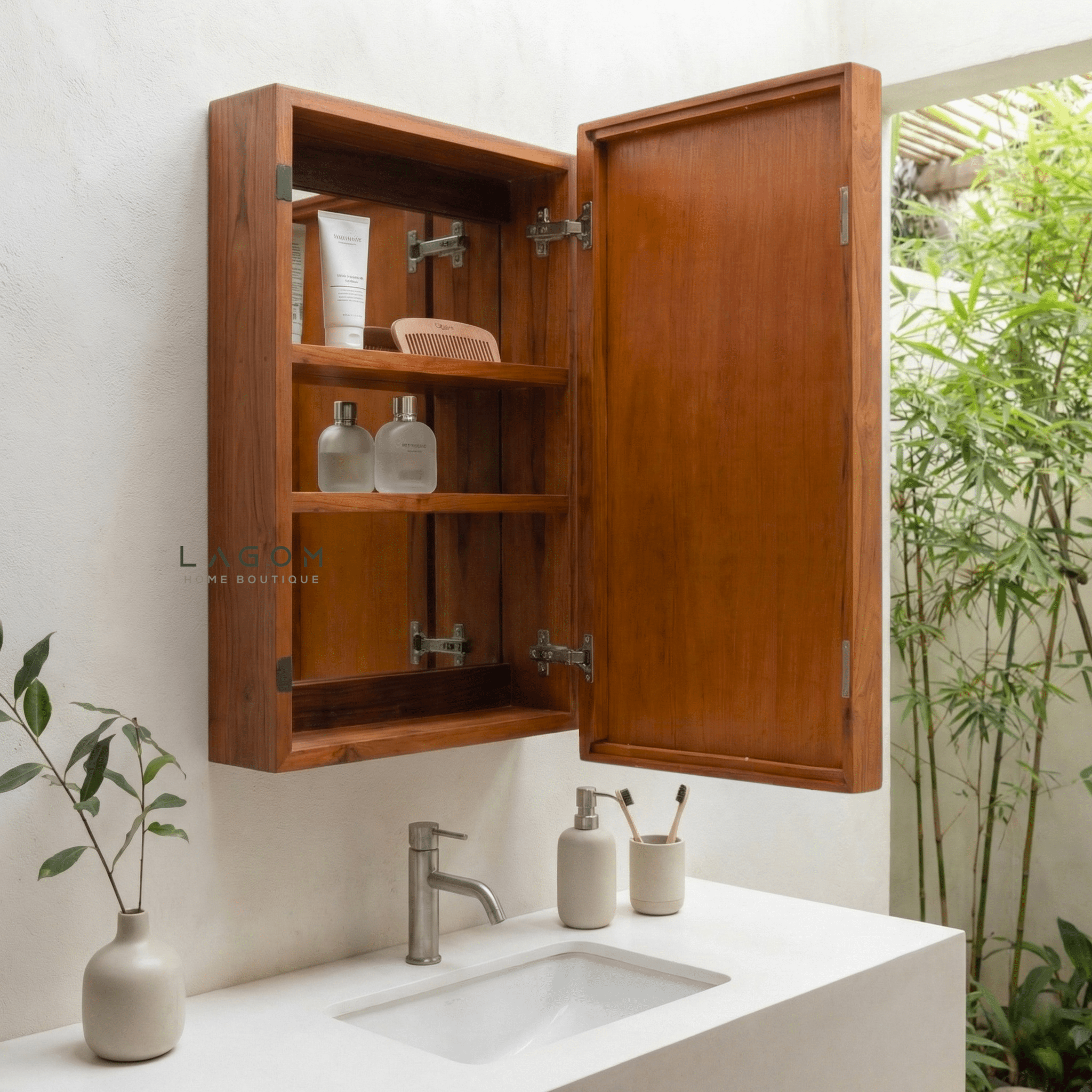 Teak Wall Mirror Cabinet with Hidden Storage - Wall Storage - Lagom Home Boutique