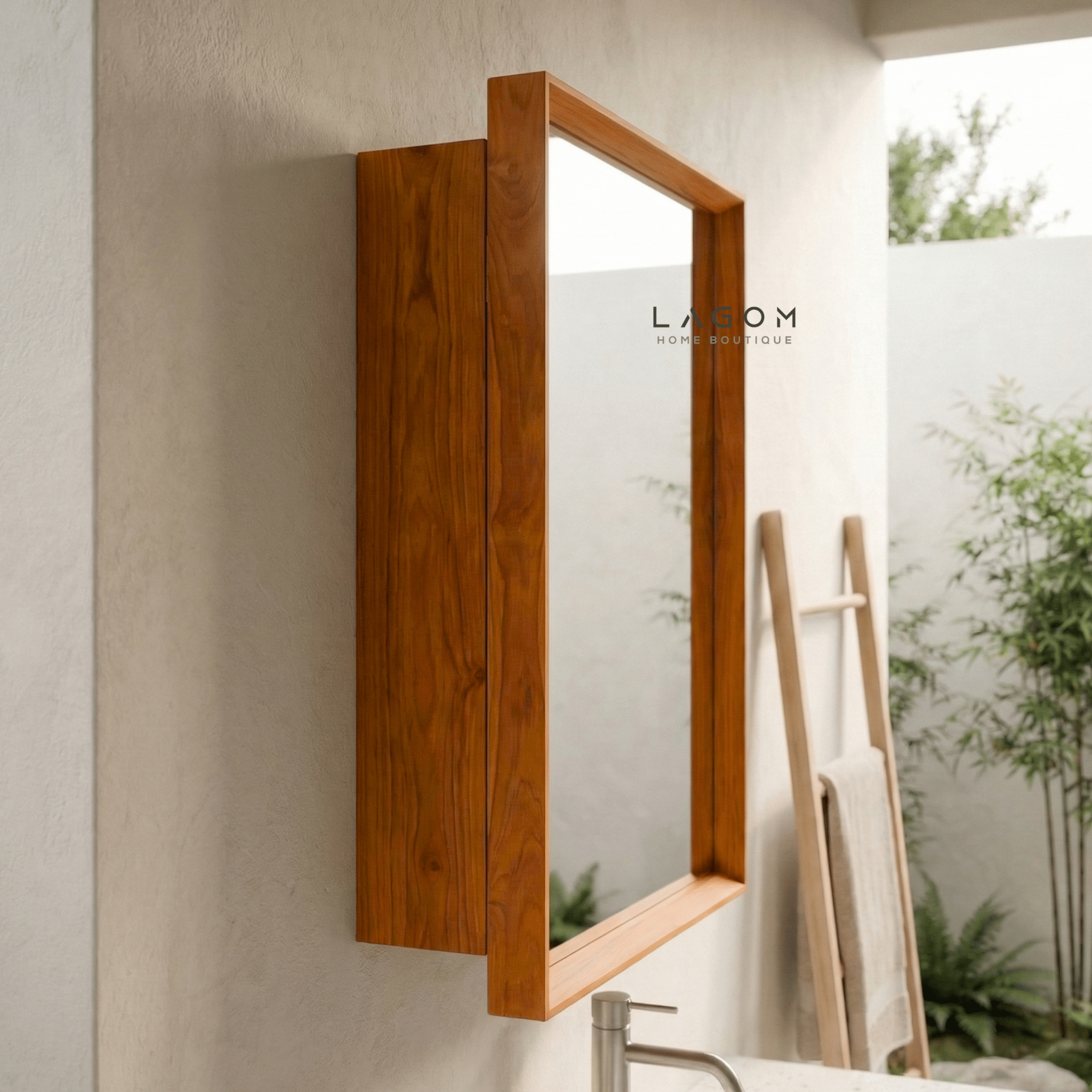 Teak Wall Mirror Cabinet with Hidden Storage - Wall Storage - Lagom Home Boutique