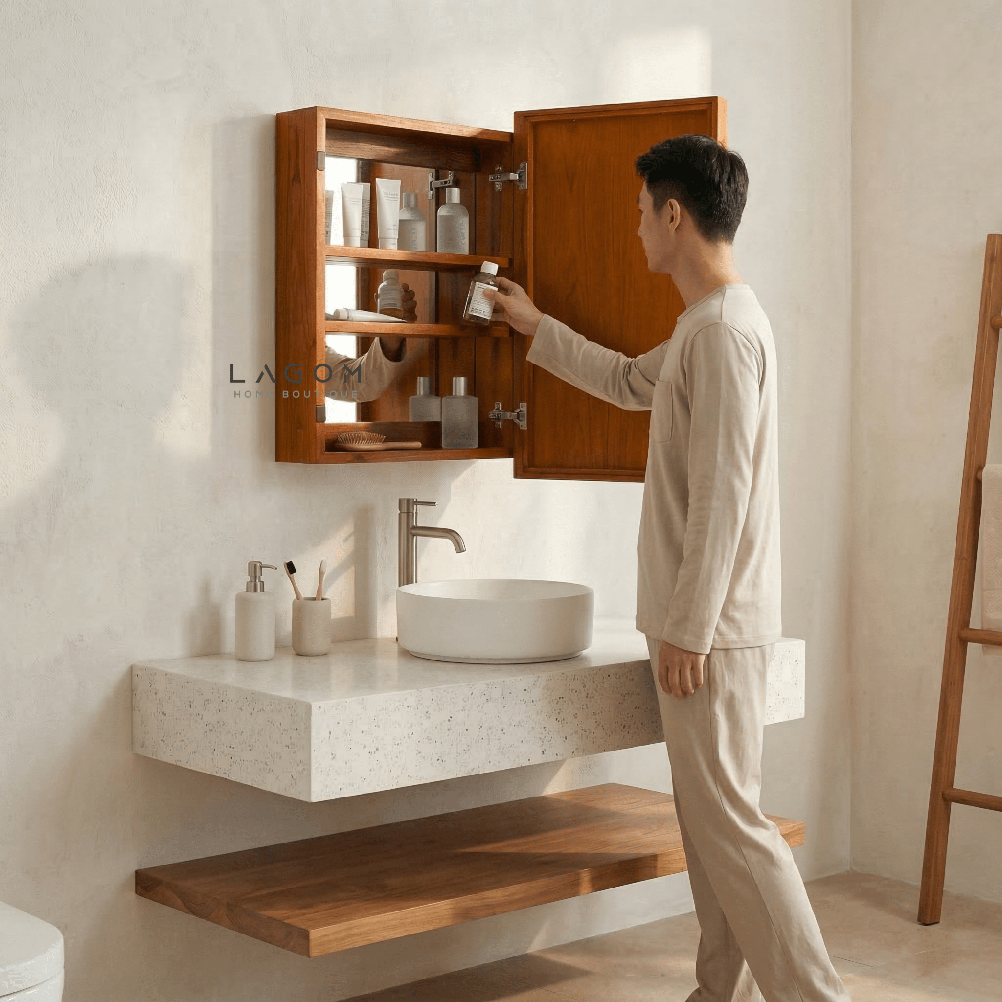 Teak Wall Mirror Cabinet with Hidden Storage - Wall Storage - Lagom Home Boutique