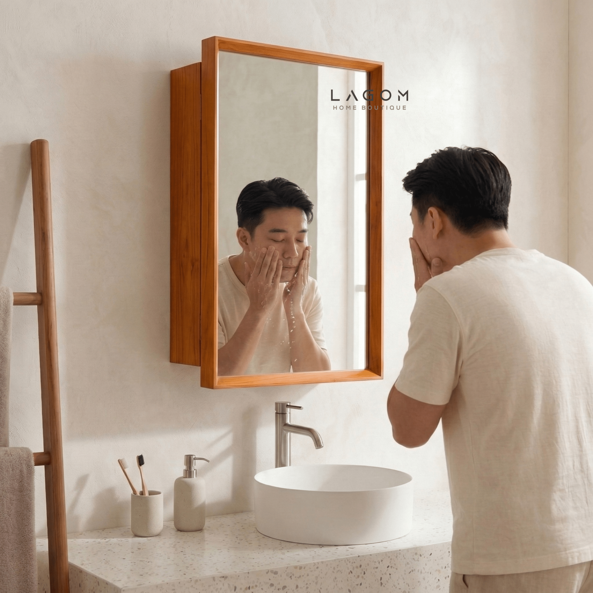 Teak Wall Mirror Cabinet with Hidden Storage - Wall Storage - Lagom Home Boutique