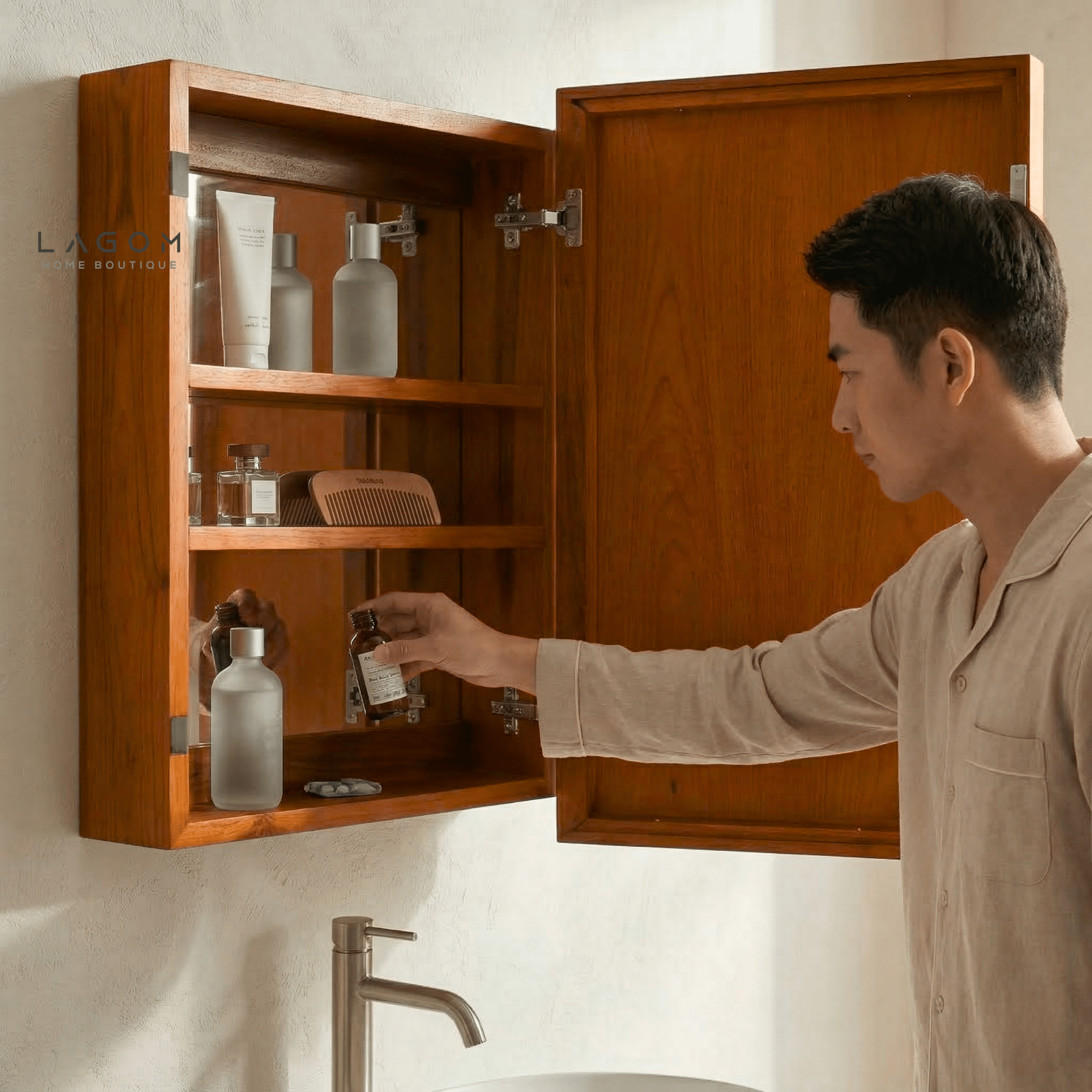 Teak Wall Mirror Cabinet with Hidden Storage - Wall Storage - Lagom Home Boutique