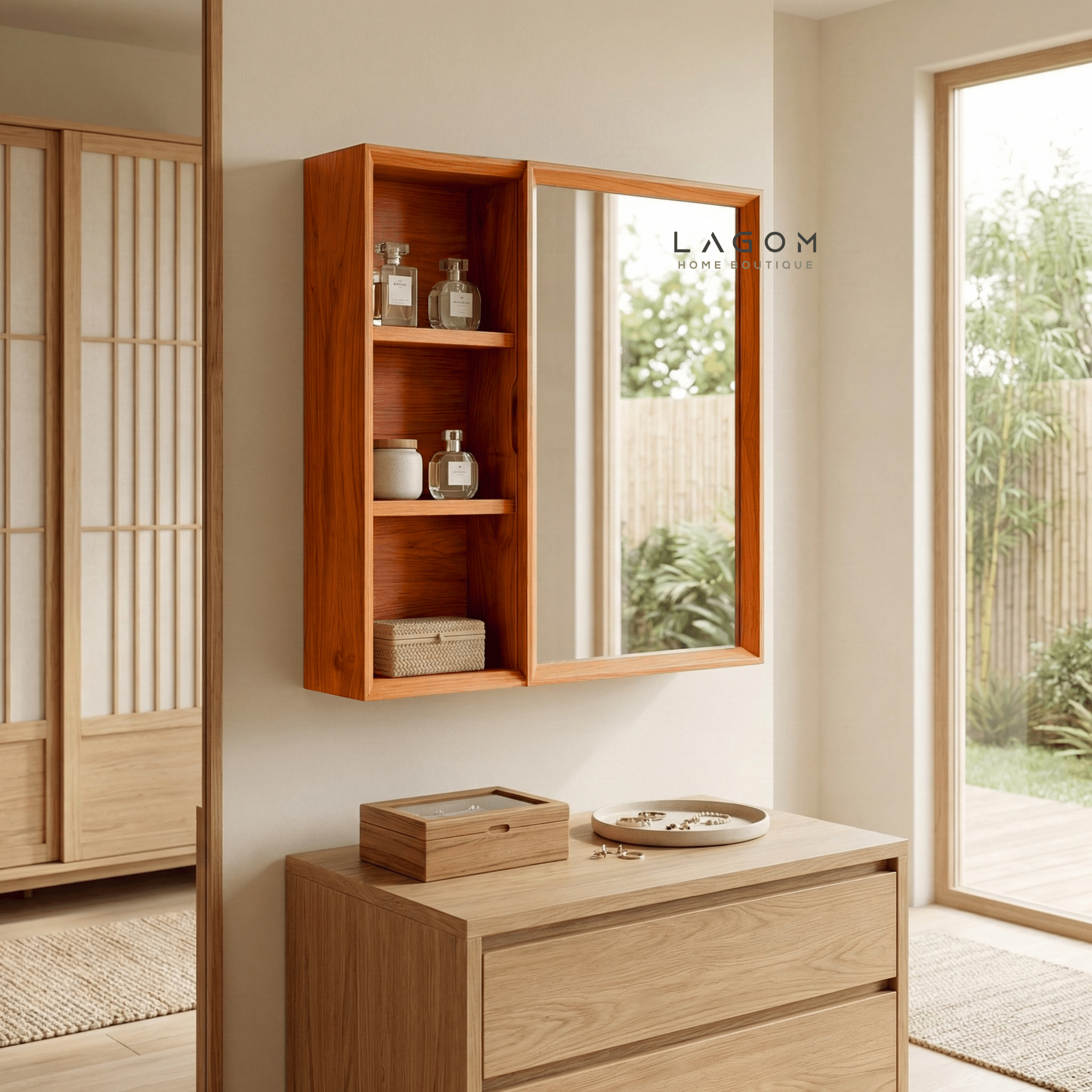Teak Wall Mirror Cabinet with Storage Shelves - Wall Storage - Lagom Home Boutique