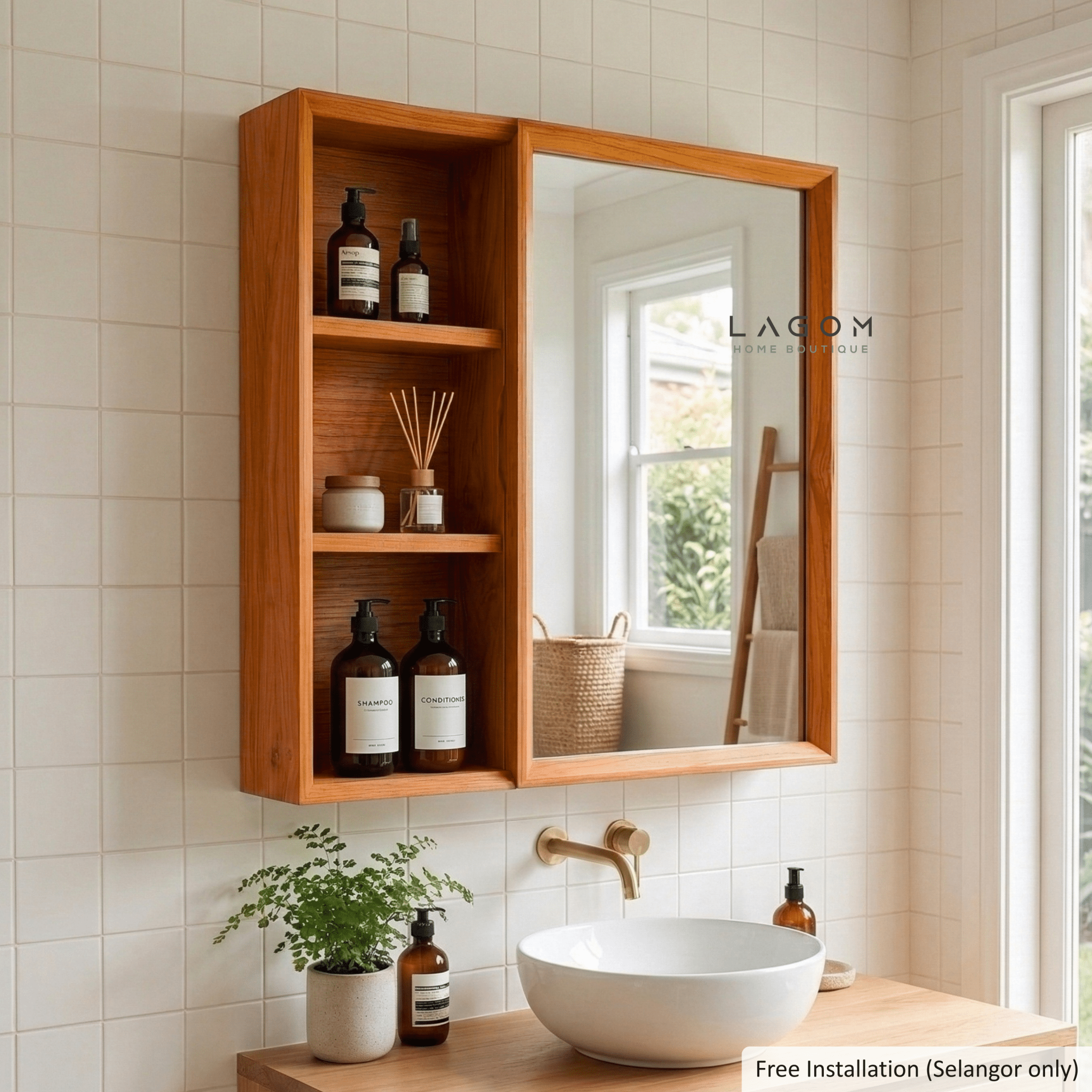 Teak Wall Mirror Cabinet with Storage Shelves - Wall Storage - Lagom Home Boutique
