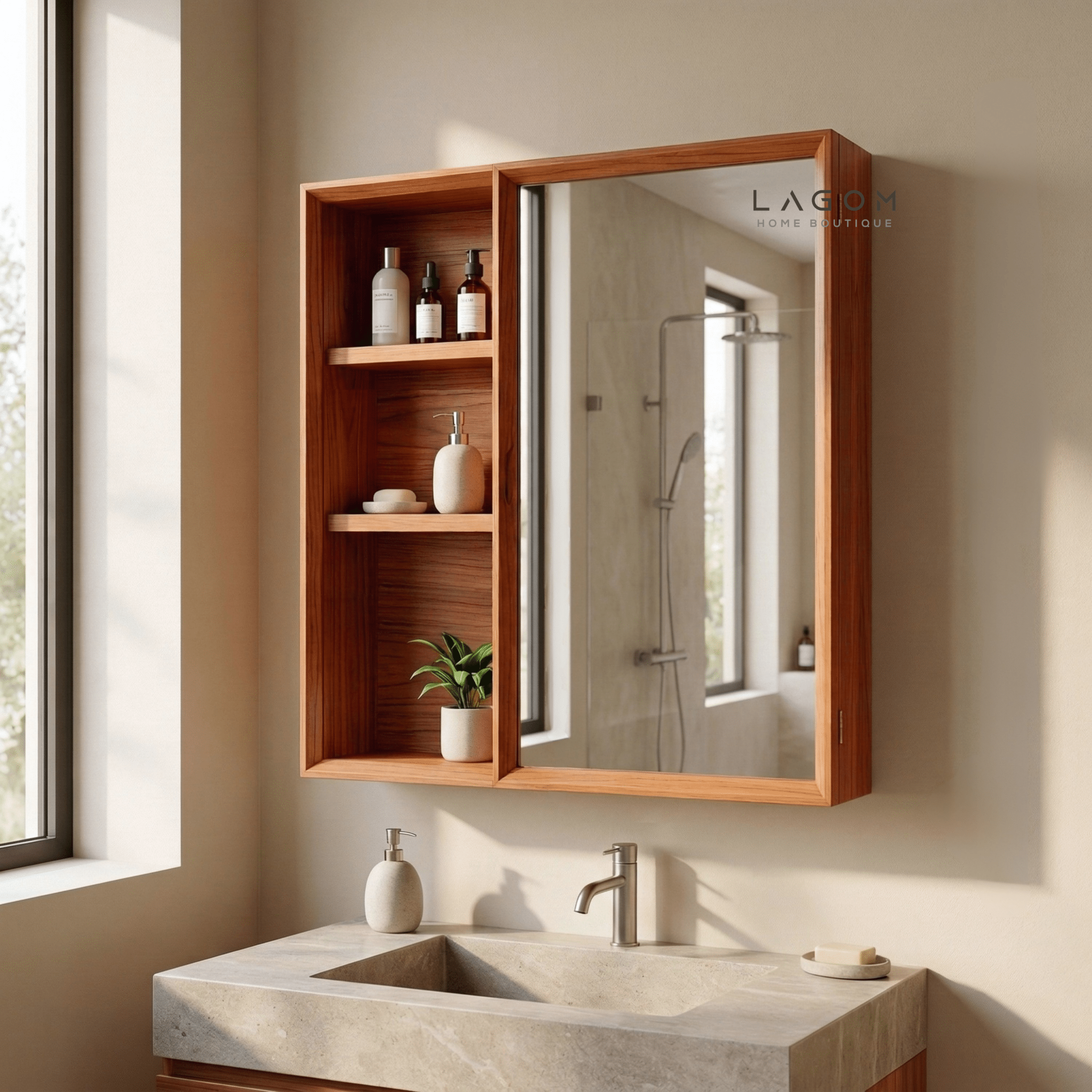 Teak Wall Mirror Cabinet with Storage Shelves - Wall Storage - Lagom Home Boutique