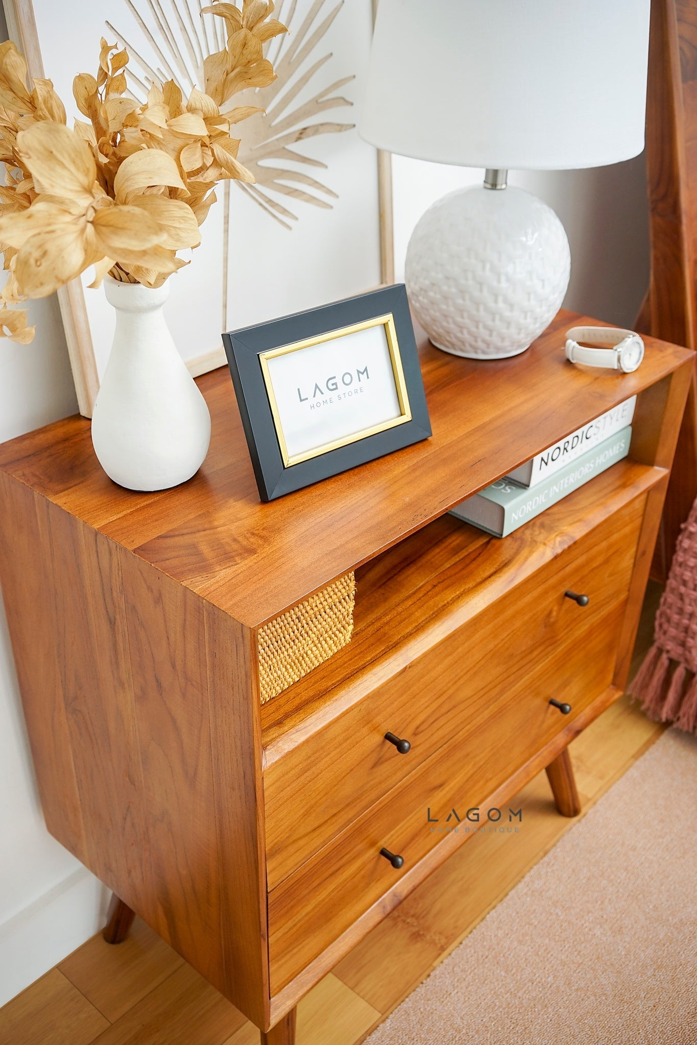 Teak Wood Bedside with Open Shelf and Drawers - Side Table - Lagom Home Boutique