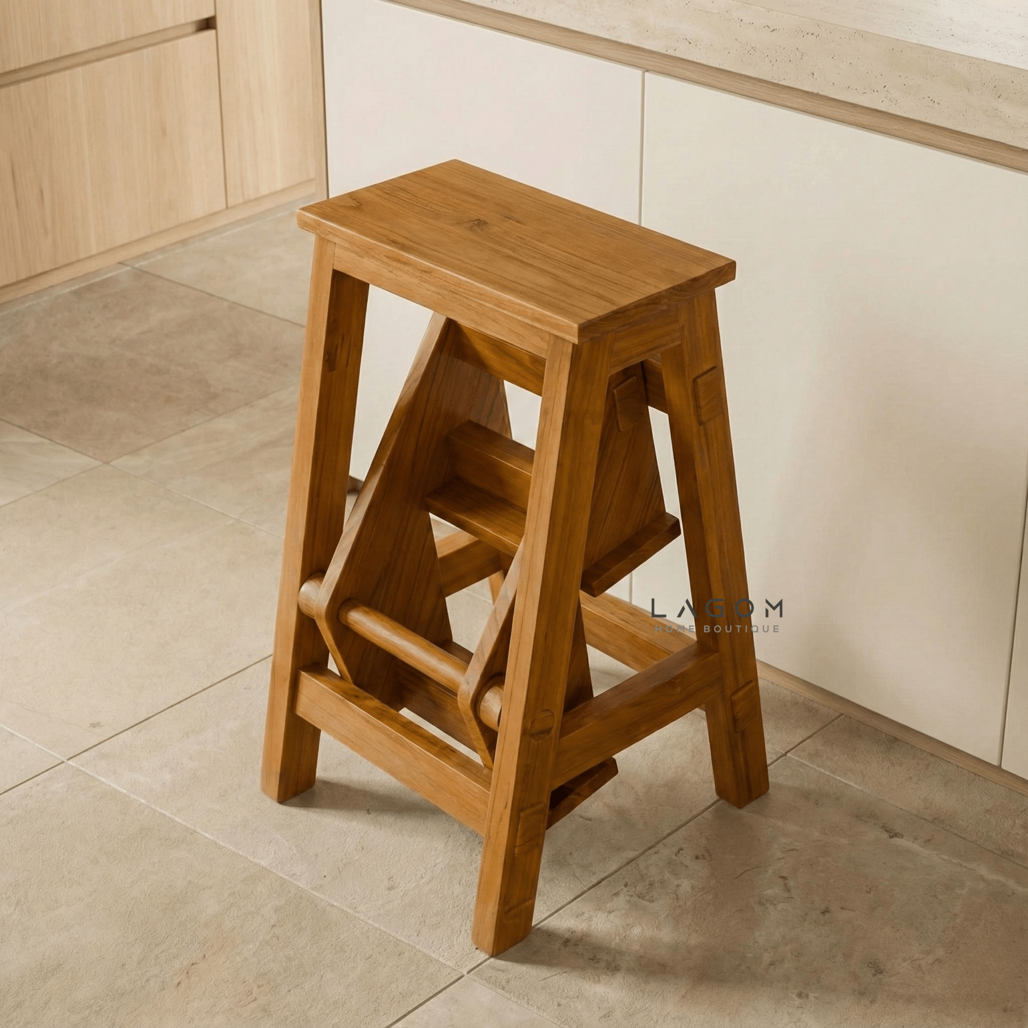 Teak Wood Convertible Step Stool & Bar Stool - Step Stool - Lagom Home Boutique