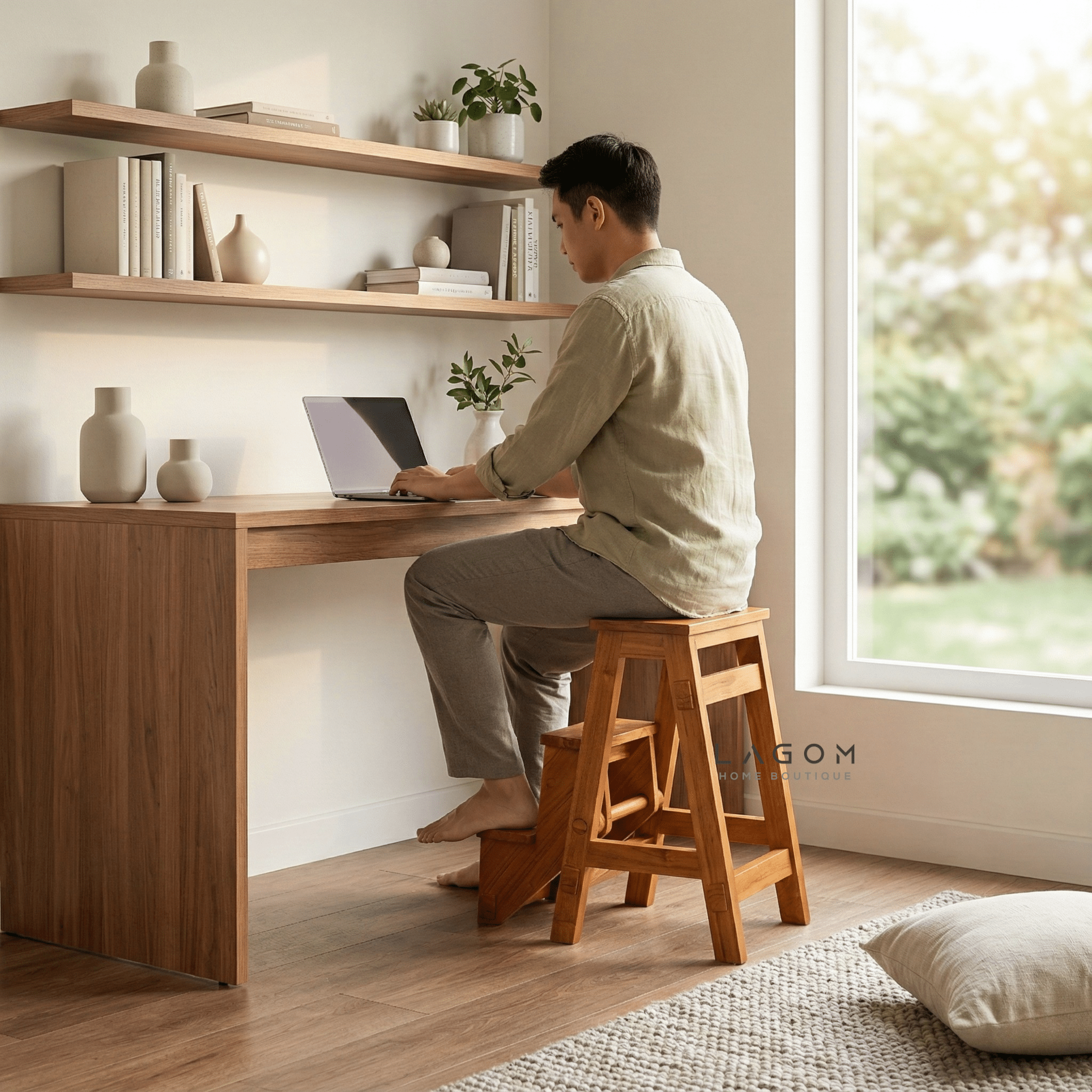 Teak Wood Convertible Step Stool & Bar Stool - Step Stool - Lagom Home Boutique